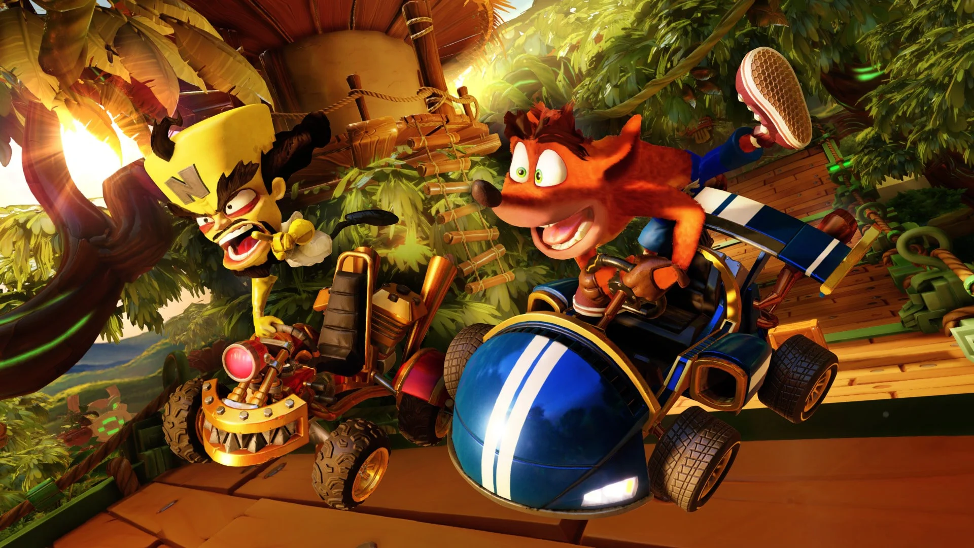 Крэш Бандикут и Доктор Нео Кортекс гоняются на картингах в игре Crash Team Racing Nitro-Fueled.
