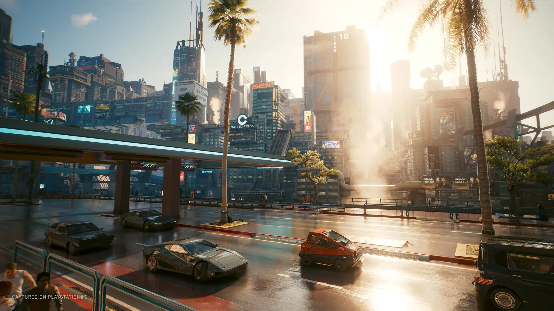 Изображение футуристического города с автомобилями на дороге в игре Cyberpunk 2077.