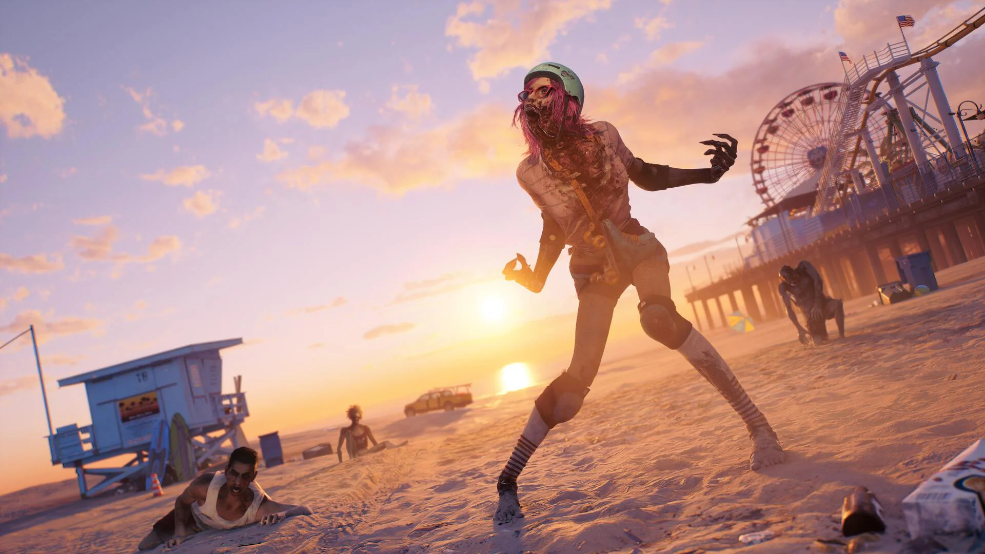 Изображение зомби на пляже с закатом на заднем плане в игре Dead Island 2