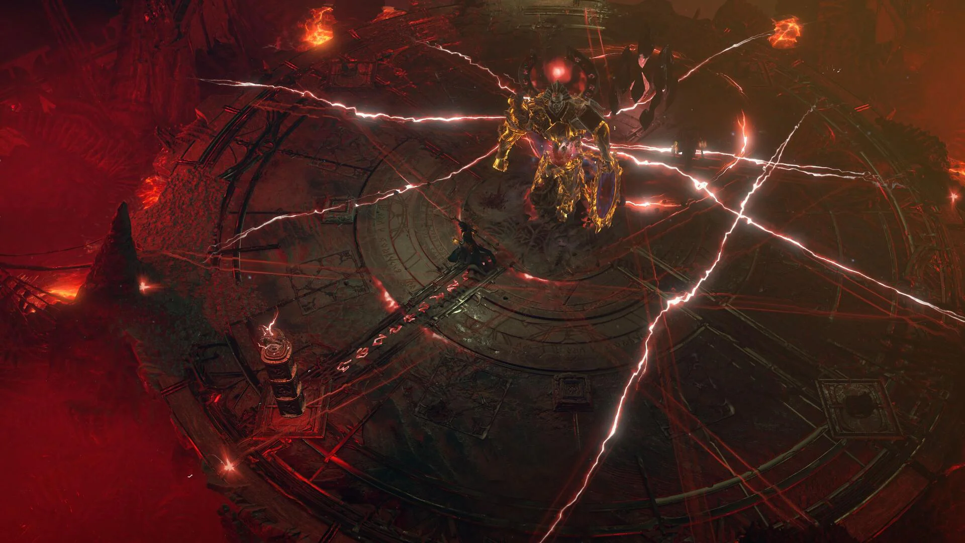 Эпическая битва с боссом в окружении молний в игре Diablo IV