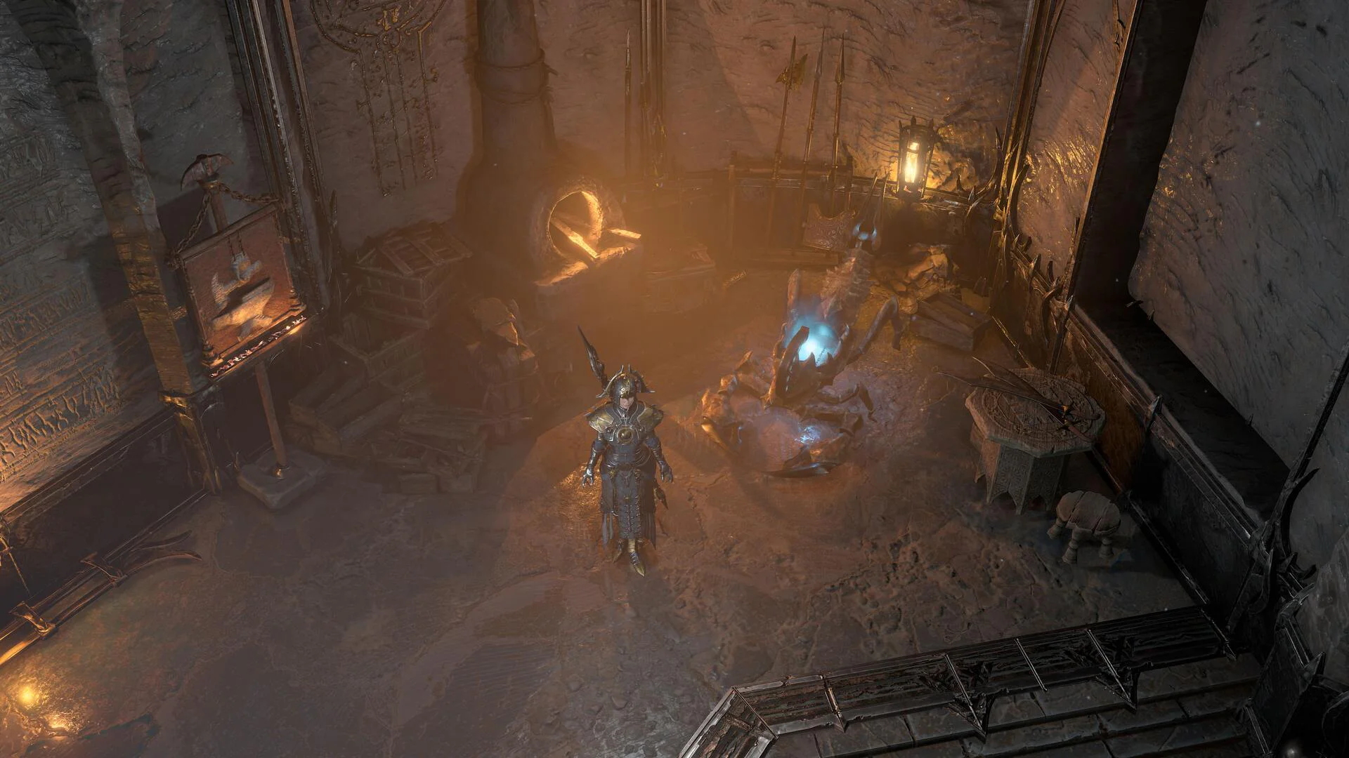 Персонаж в доспехах стоит в мрачной комнате с магическим кристаллом в игре Diablo IV