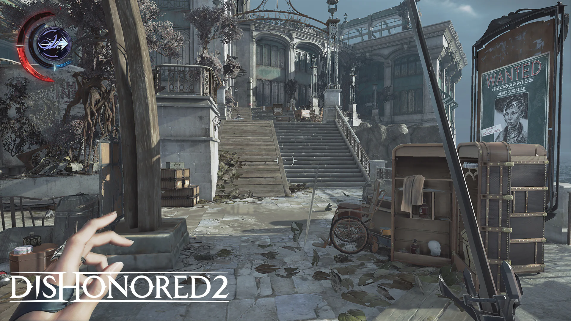Игровой персонаж в Dishonored 2 использует магические способности перед атакой в заброшенном здании