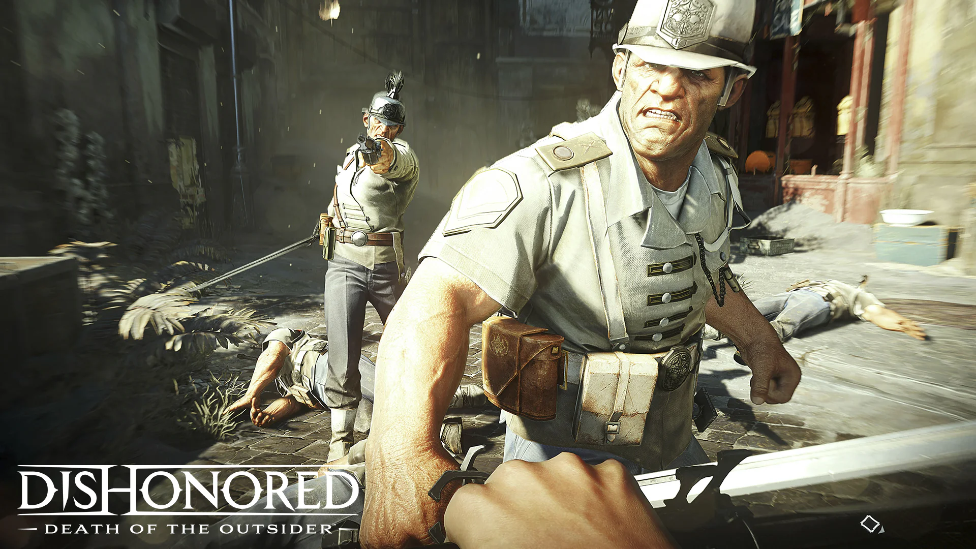 Игровой персонаж атакует стражника в игре Dishonored: Death of the Outsider