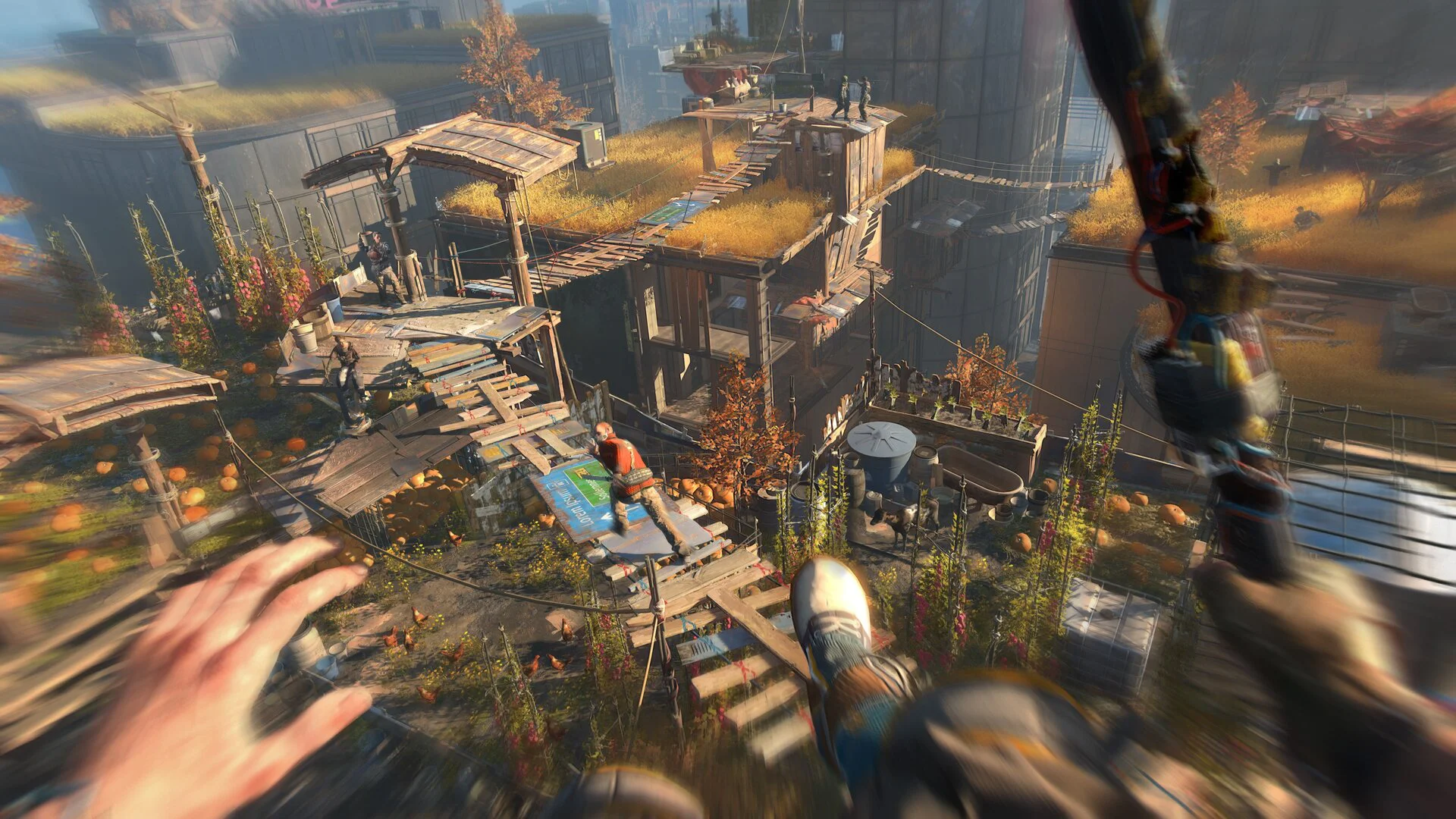 Персонаж скользит по тросу в постапокалиптическом мире игры Dying Light 2 Stay Human