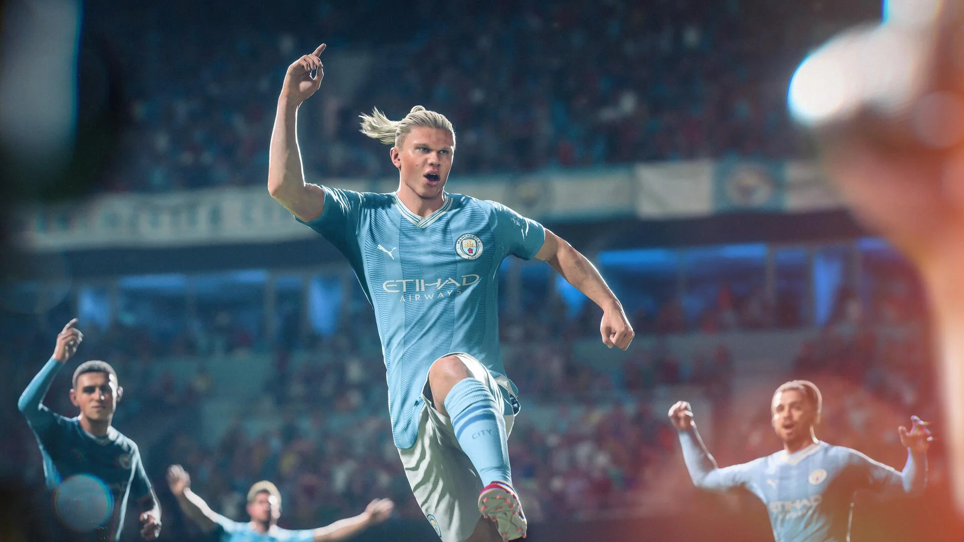 Футболист Манчестер Сити празднует гол в игре EA SPORTS FC 24
