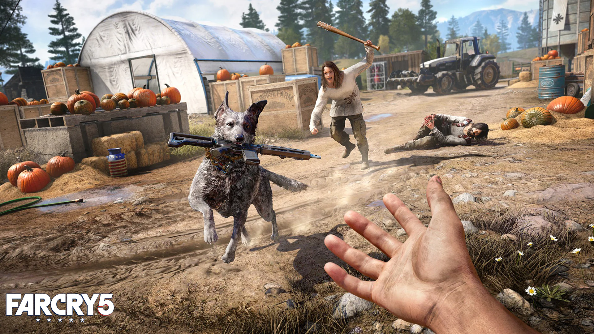 Собака с винтовкой в зубах и персонаж с бейсбольной битой в игре Far Cry 5