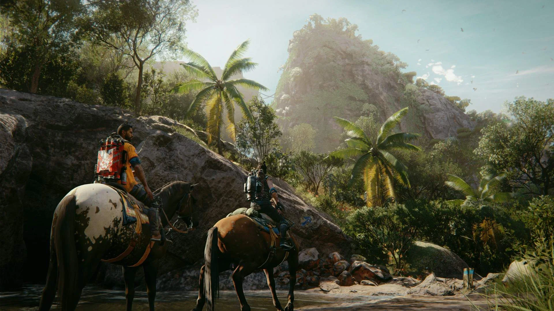 Персонажи верхом на лошадях в джунглях в игре Far Cry 6
