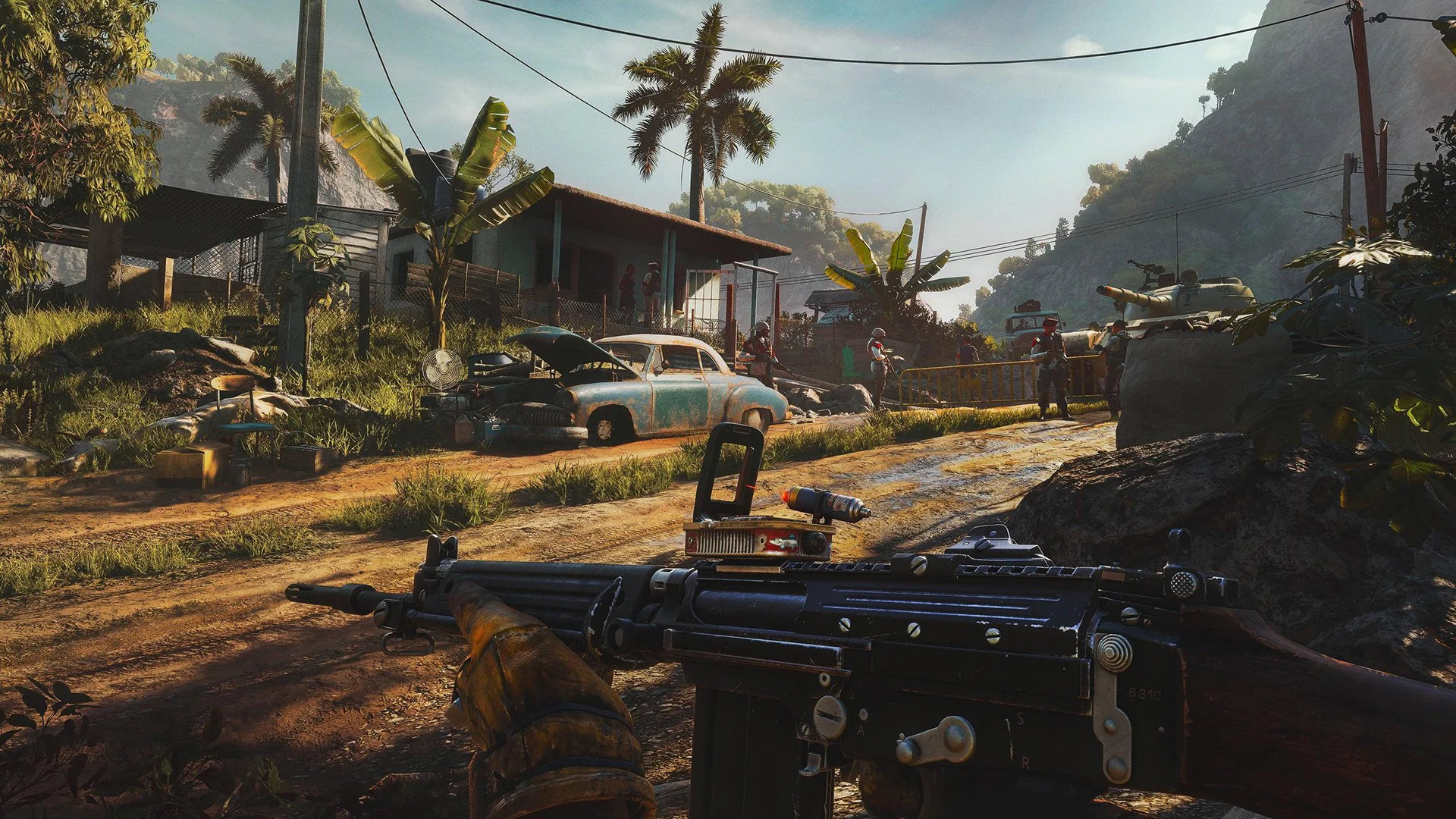 Игровой персонаж в прицеливании на повстанческую базу в Far Cry 6