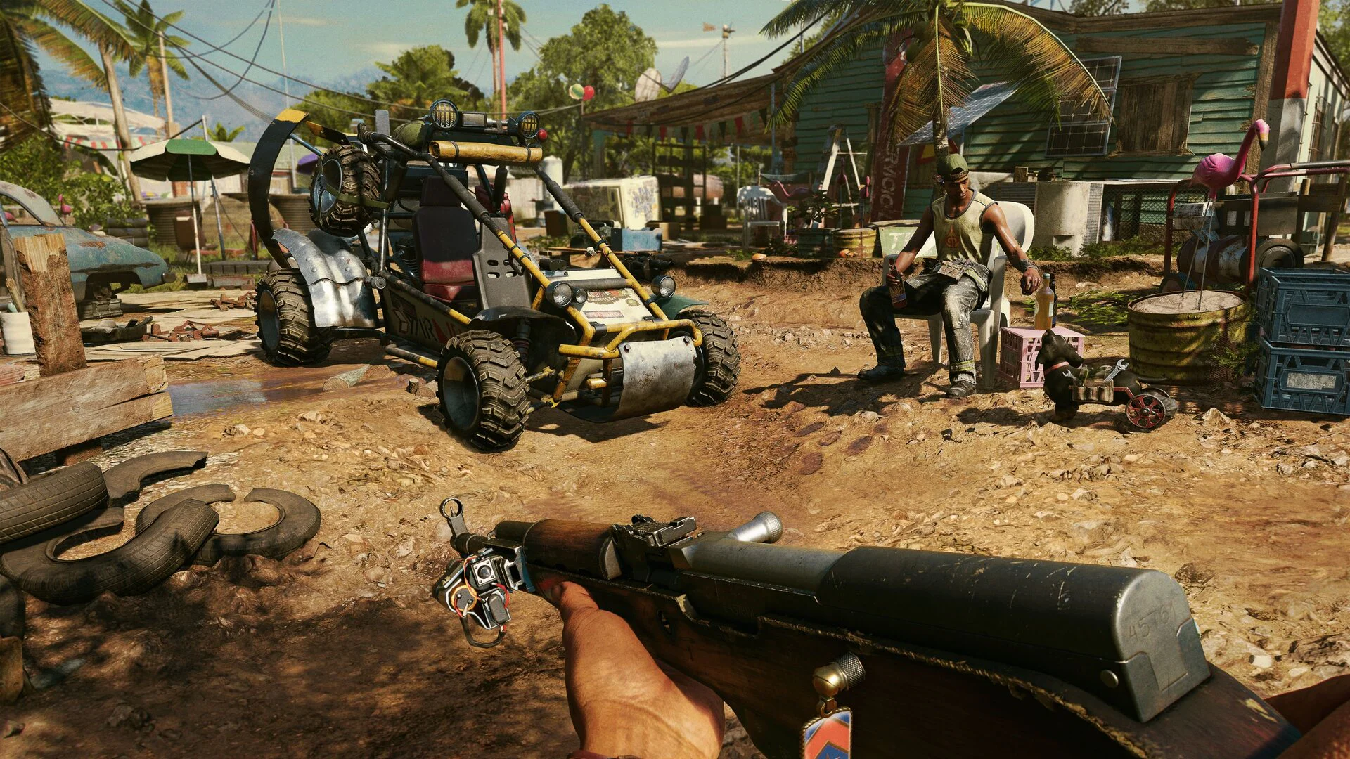 Игровой персонаж целится из оружия на базу в Far Cry 6
