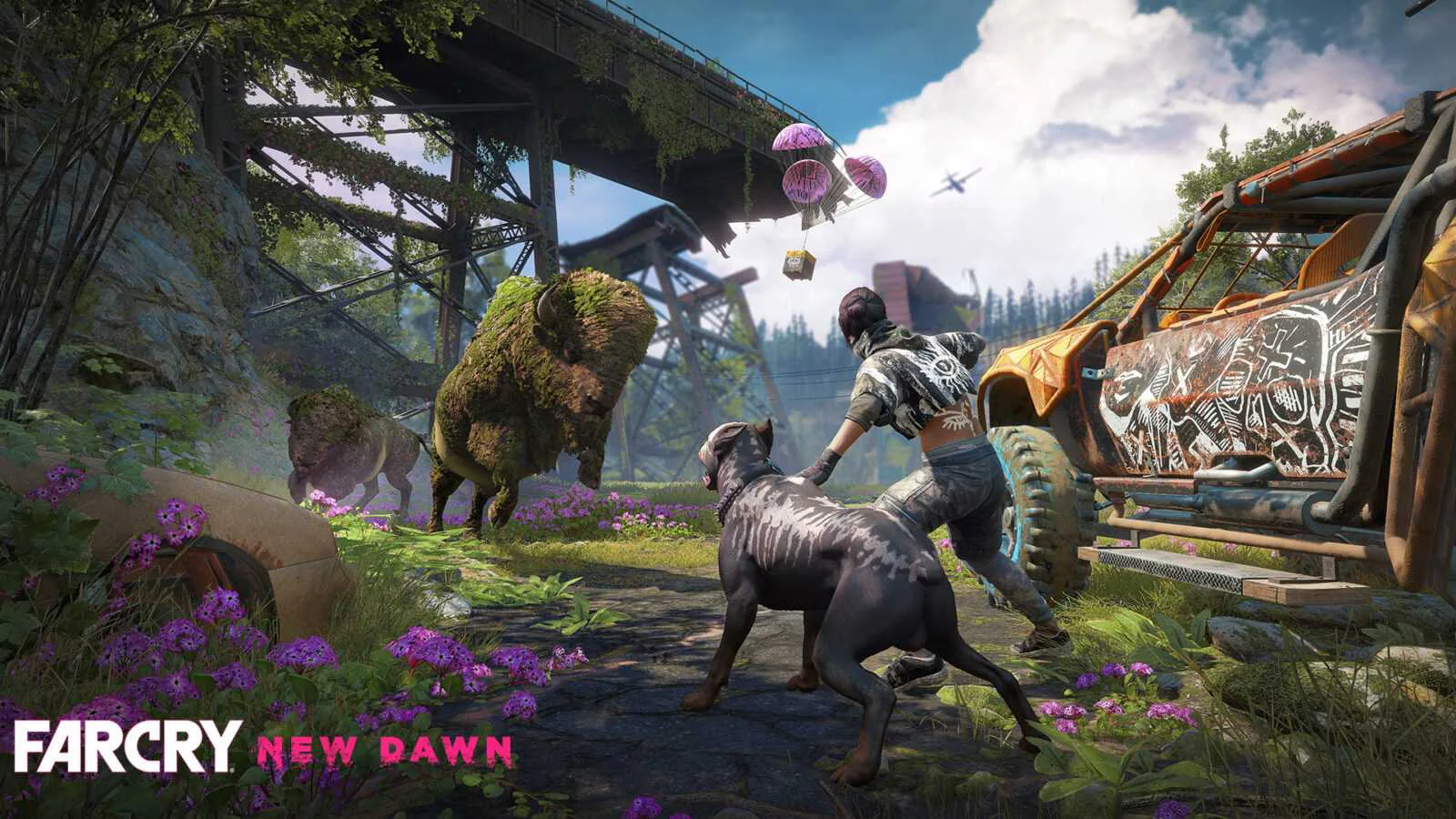 Персонаж с собакой сталкивается с буйволами в постапокалиптическом мире Far Cry New Dawn