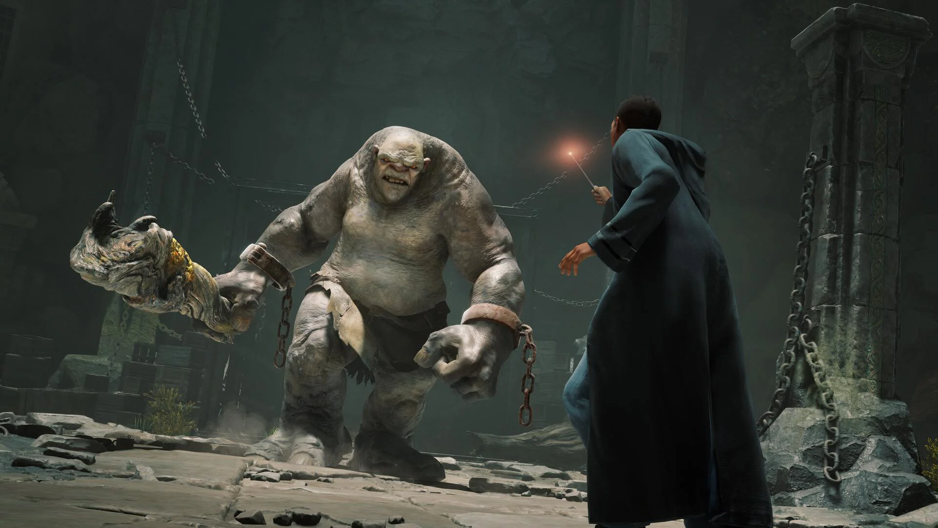 Игрок по имени Алекс сражается с троллем в подземелье в игре Hogwarts Legacy для PlayStation.