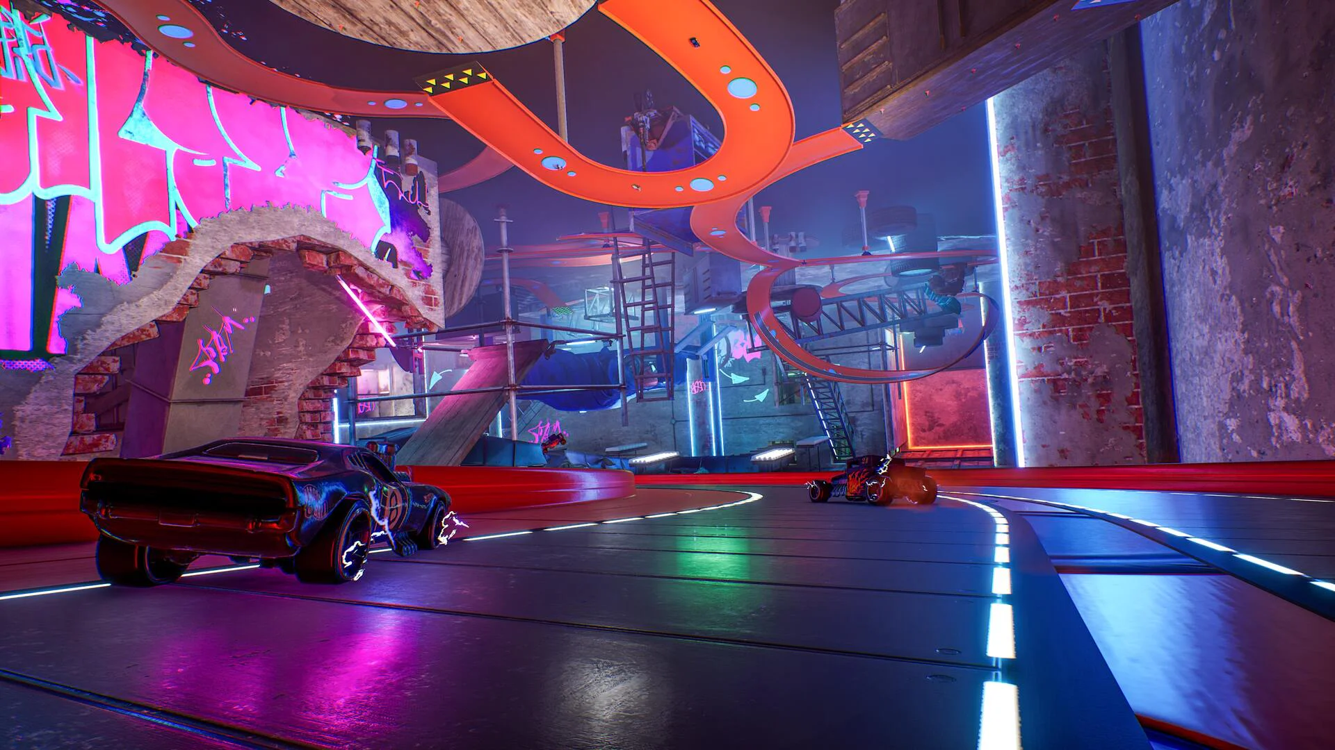 Гоночные машинки на ярком неоновом треке в игре Hot Wheels Unleashed