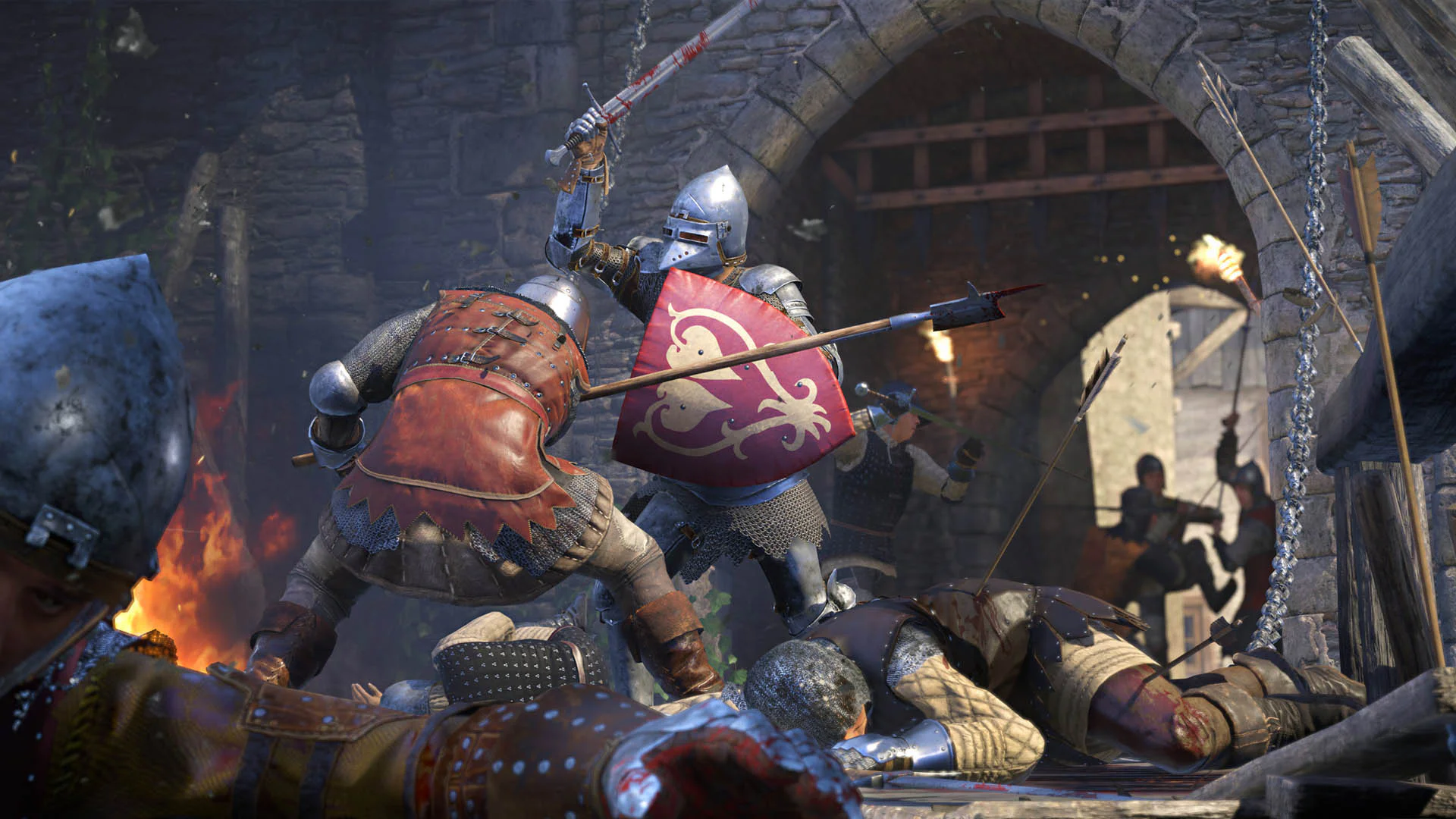 Средневековые рыцари в бою на фоне замка в игре Kingdom Come Deliverance