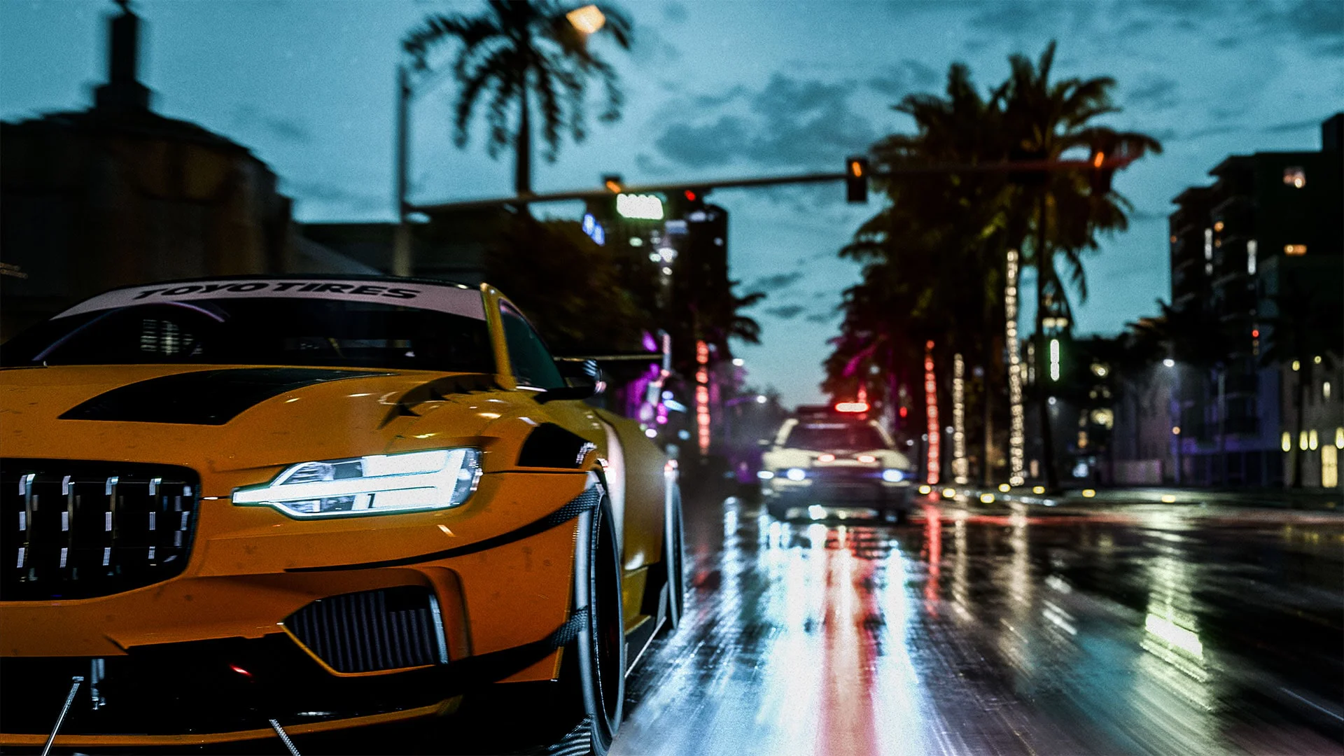 Атрибут alt: Скриншот из игры Need for Speed Heat, демонстрирующий ночные уличные гонки с участием спортивного автомобиля и полицейской машины на мокрой дороге.