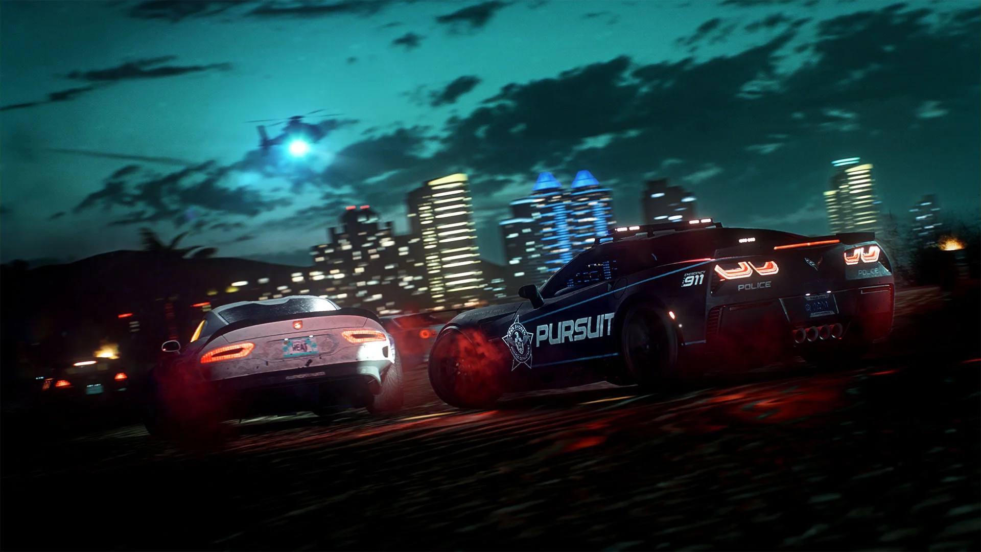 Скриншот из игры Need for Speed Heat, показывающий уличные гонки между спортивным автомобилем и полицейской машиной на ночных улицах города.