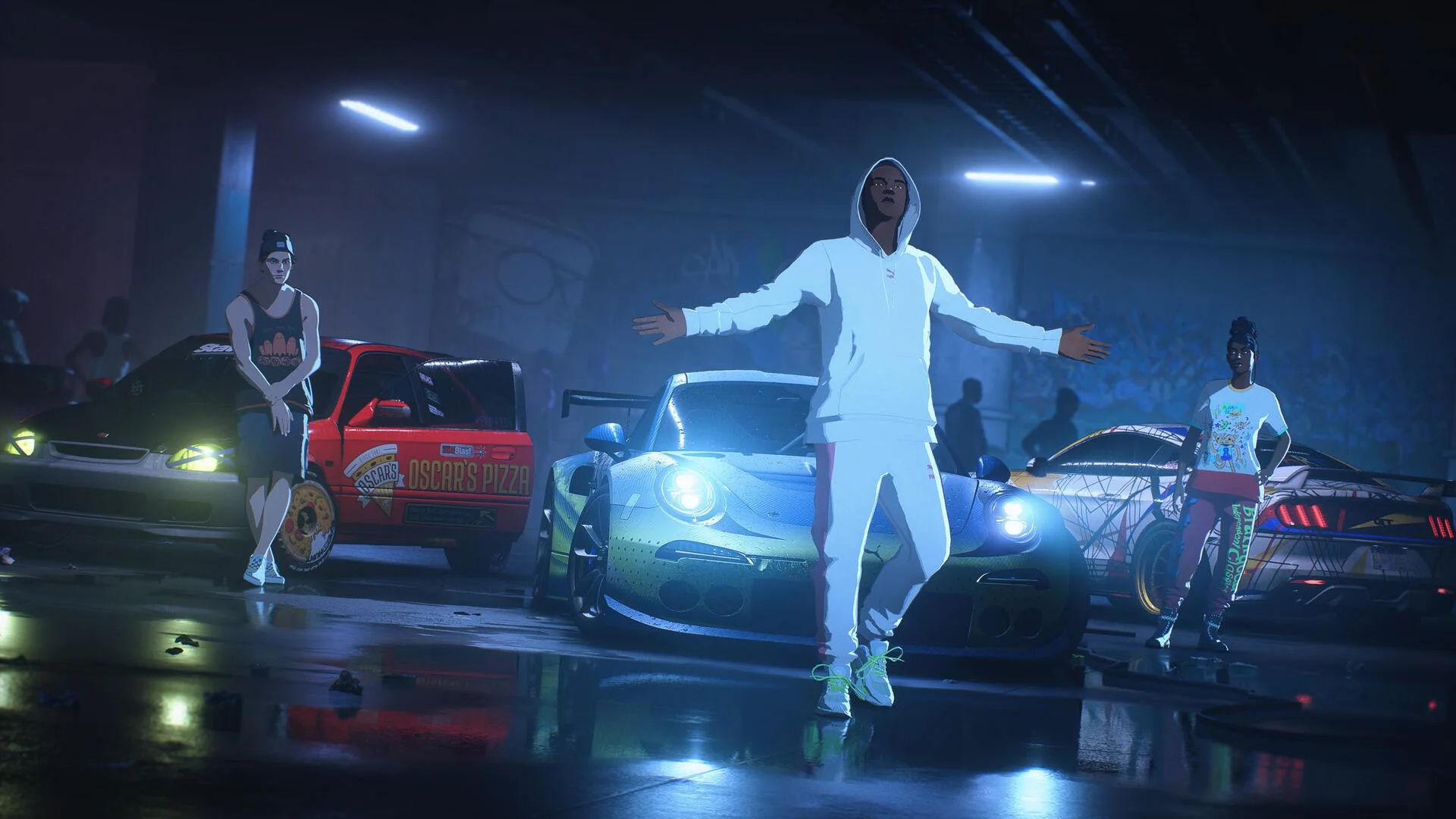 Гонщики и автомобили на ночных улицах из игры Need for Speed Unbound.