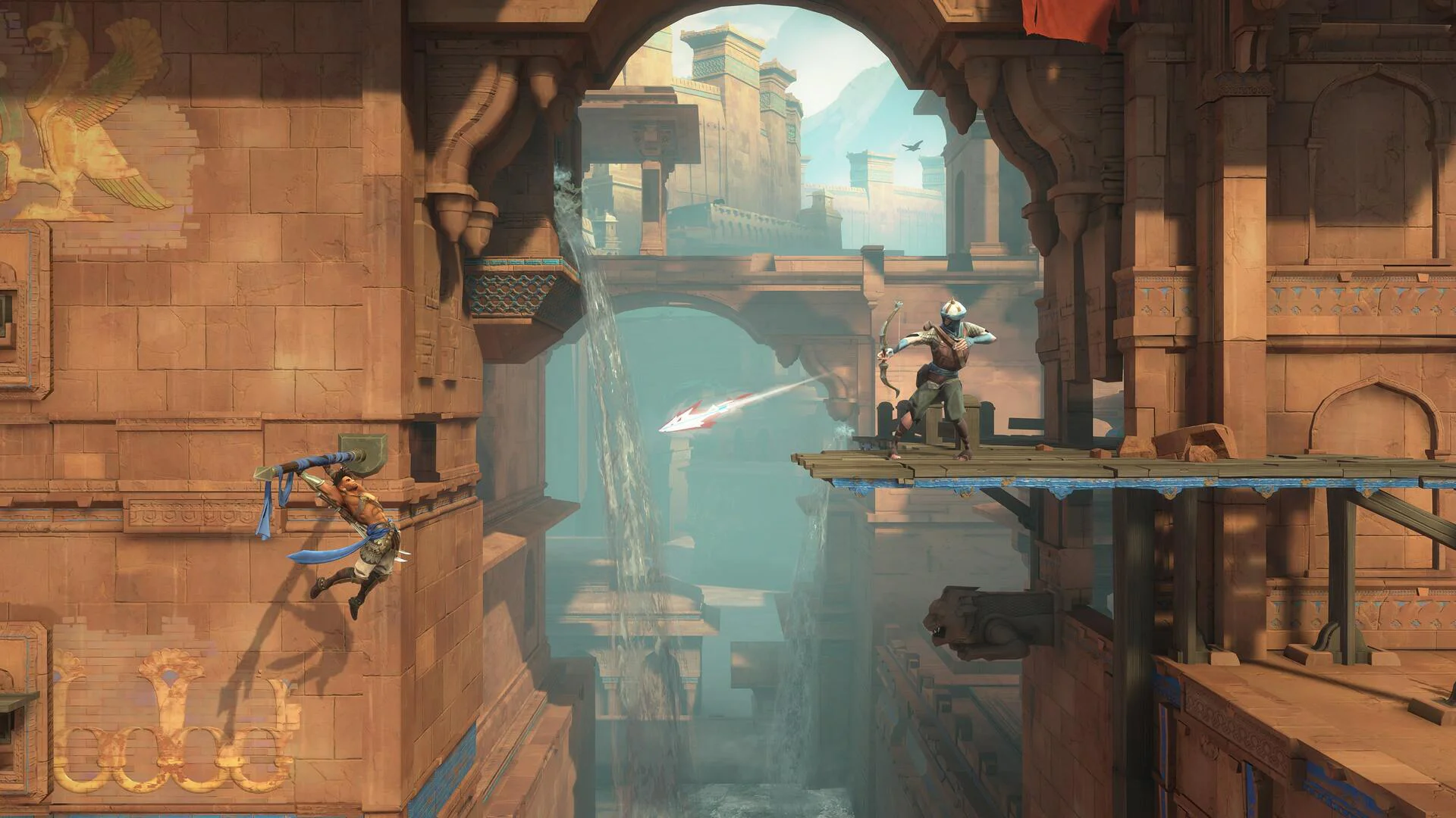 Персонаж из Prince of Persia The Lost Crown выполняет акробатический трюк на фоне древней архитектуры.