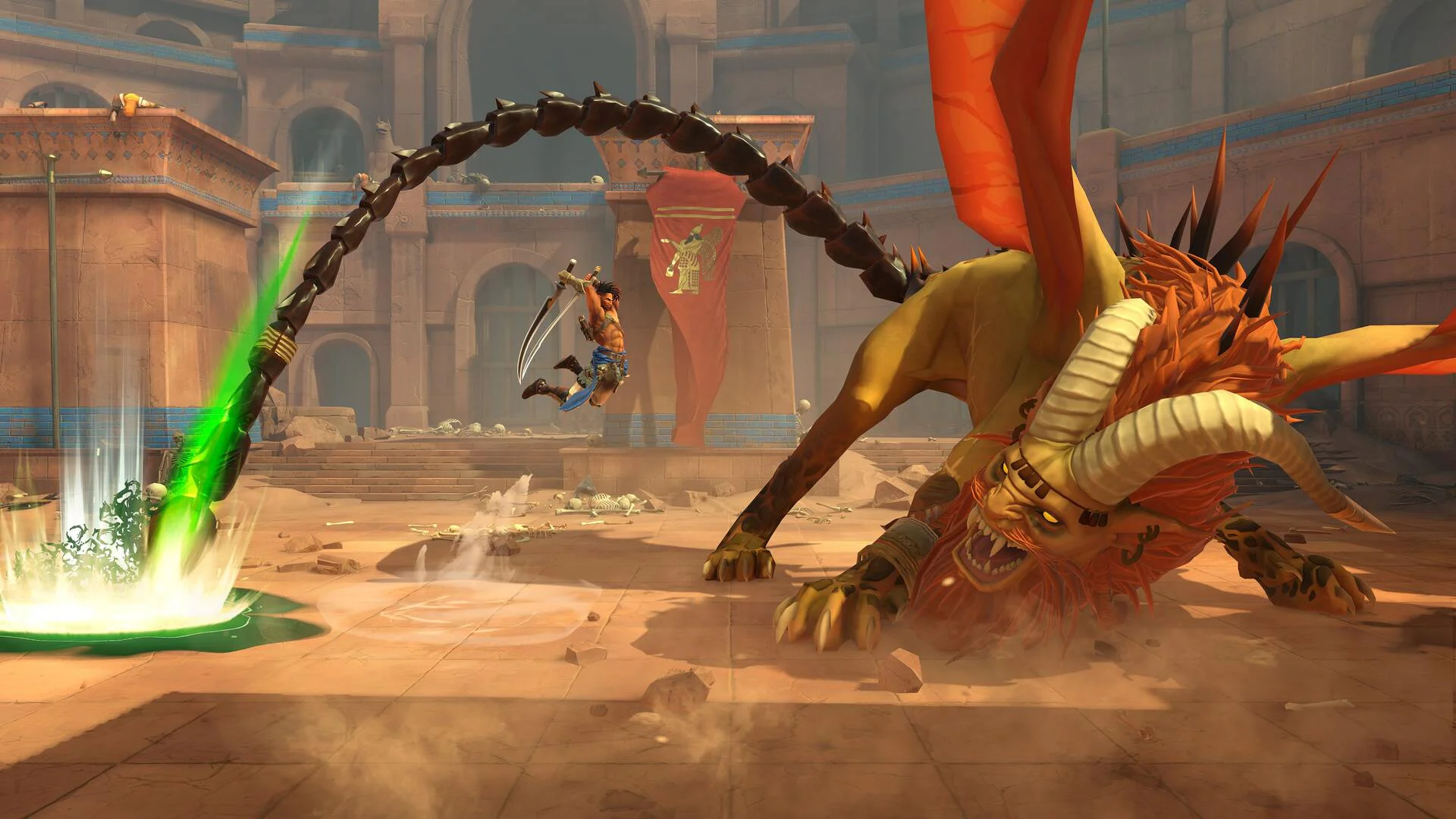Персонаж из Prince of Persia The Lost Crown сражается с огромным мифическим существом в древнем храме.