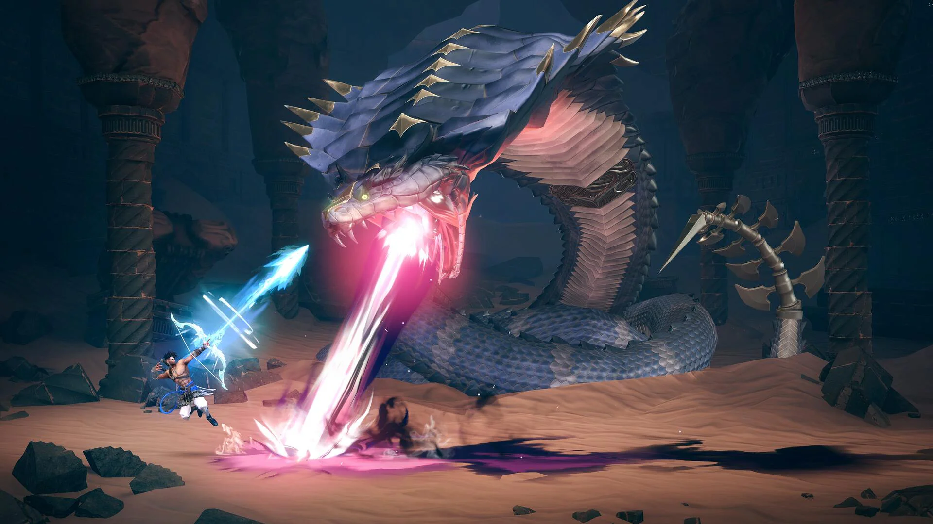 Персонаж из Prince of Persia The Lost Crown сражается с гигантской змеей в пустыне.