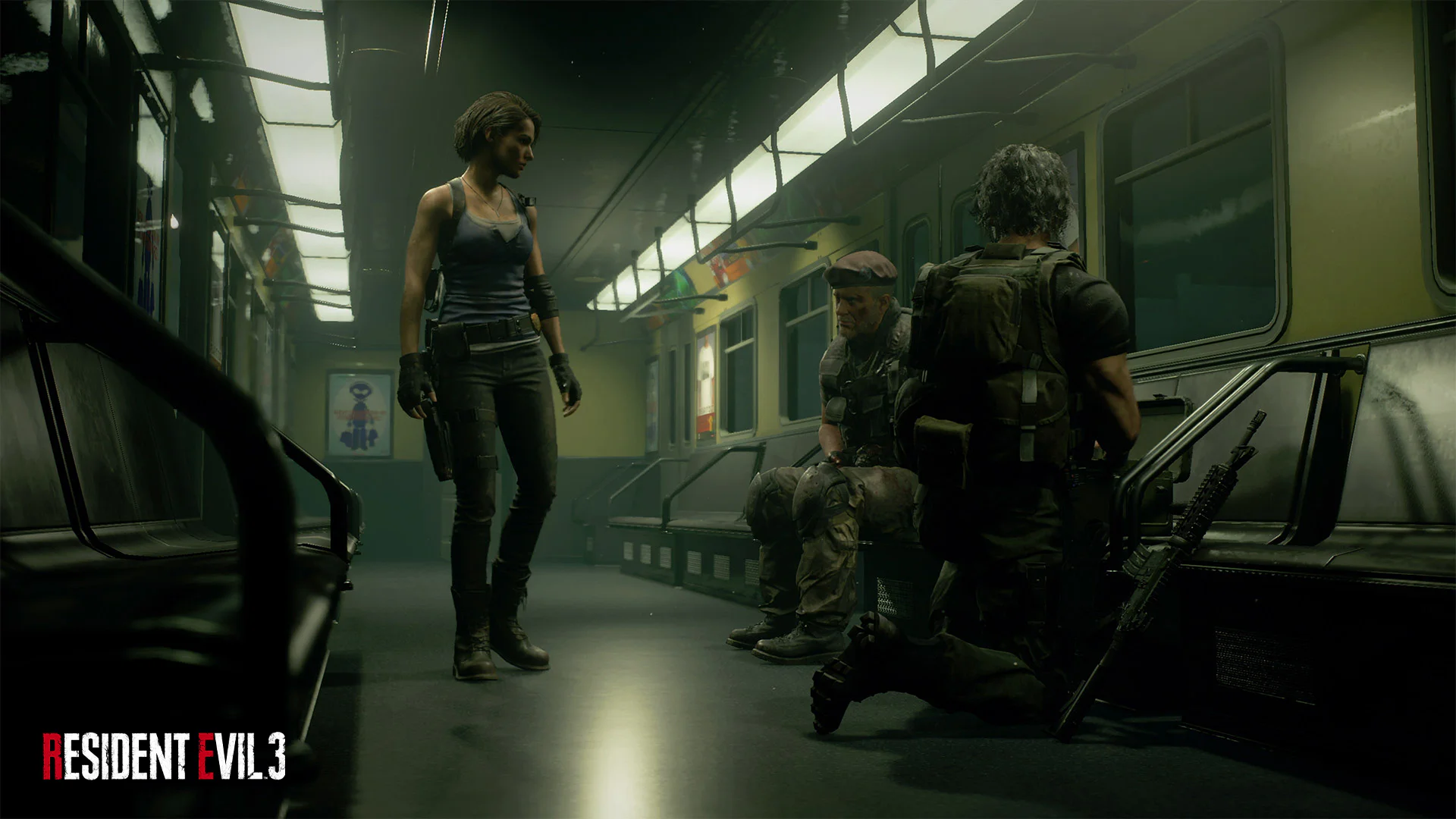 Джилл Валентайн, Карлос Оливейра и Михайло Виктор в метро в игре Resident Evil 3.