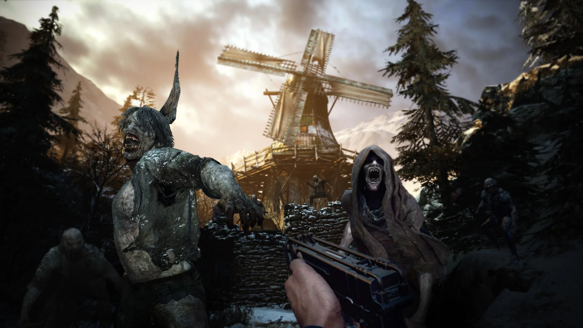 Жуткие монстры на фоне мельницы в игре Resident Evil Village.