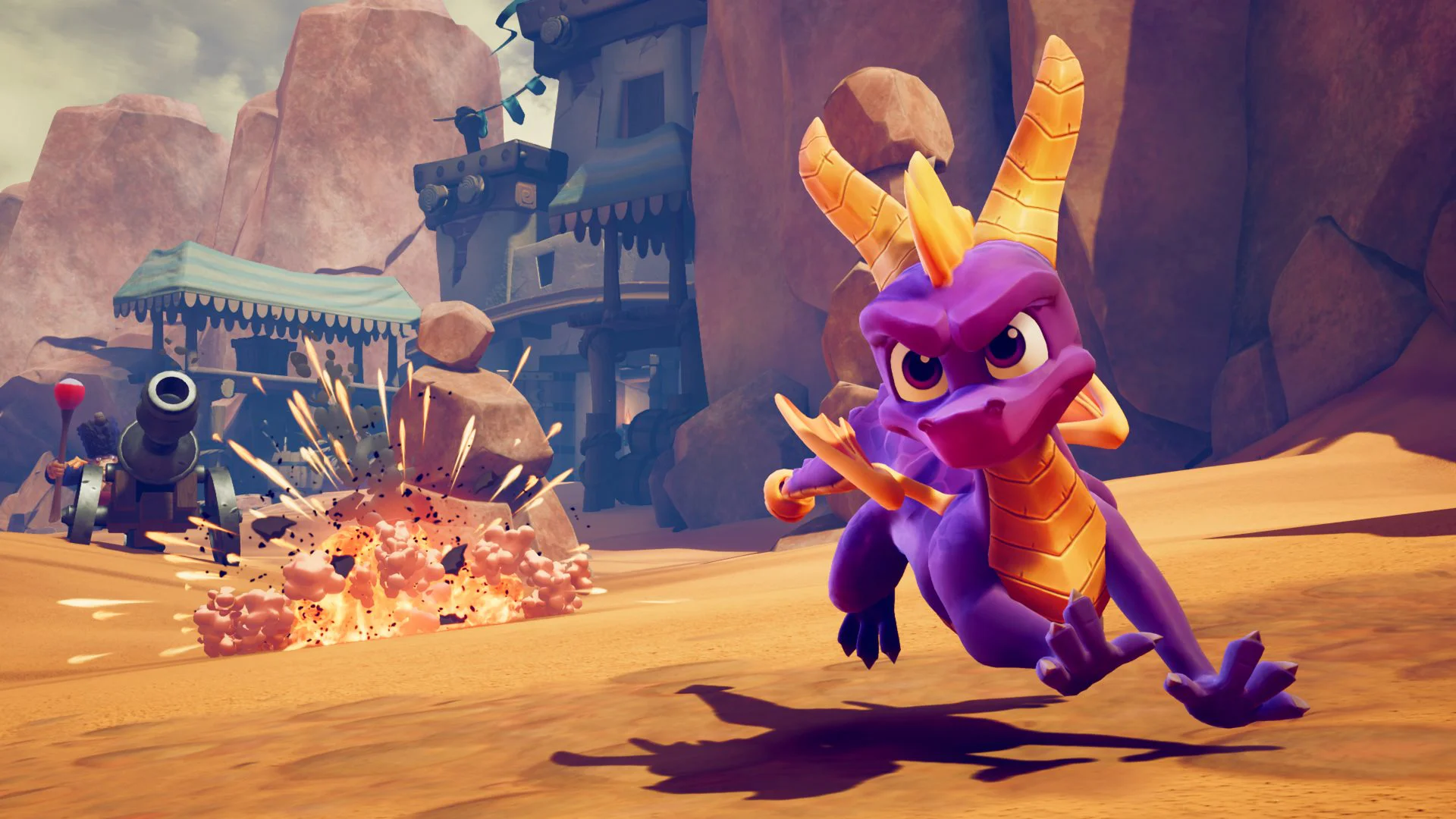 Spyro, маленький фиолетовый дракон, убегает от взрыва в пустынной местности в игре Spyro Reignited Trilogy.