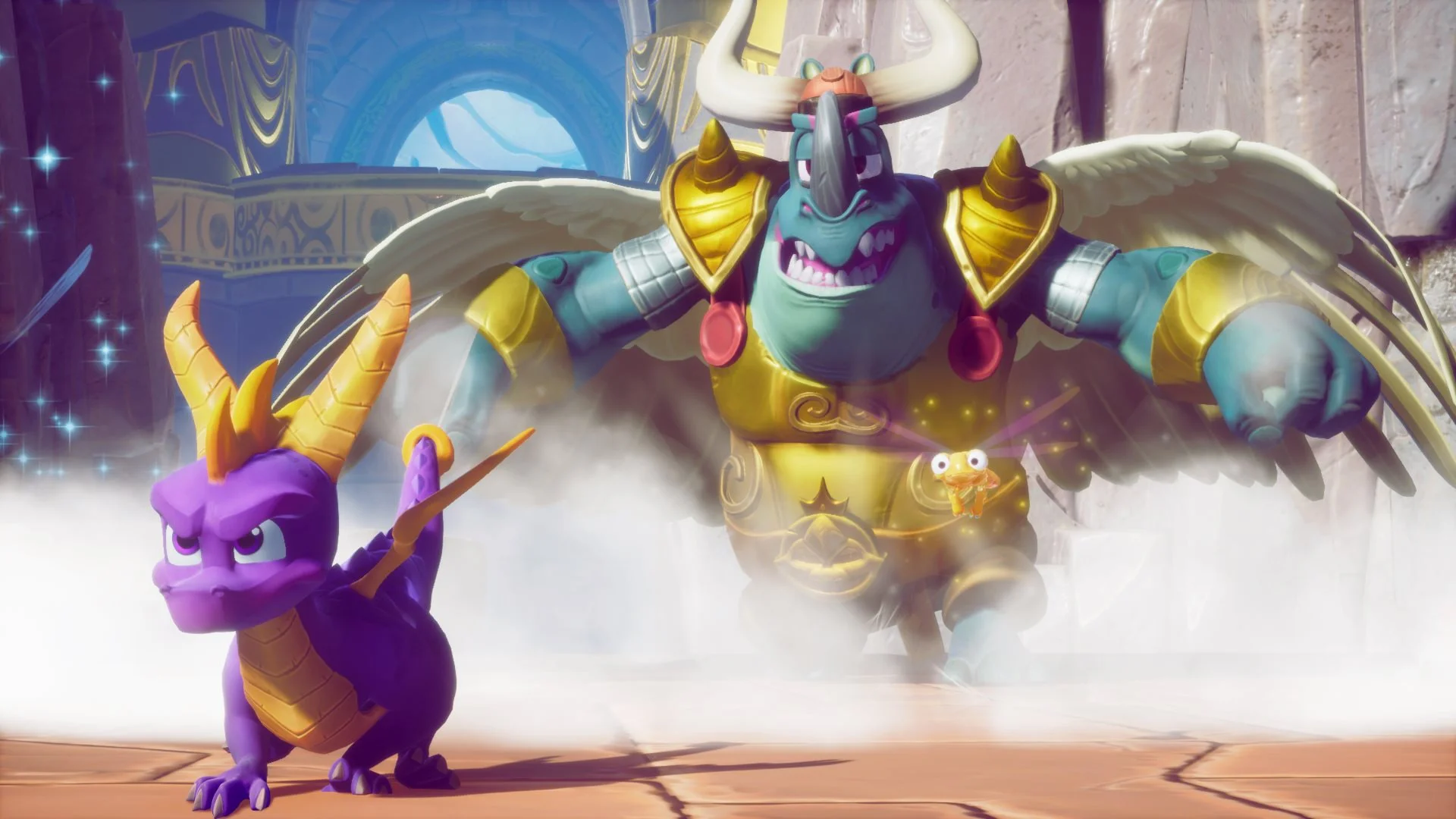 Изображение Spyro, маленького фиолетового дракона, убегающего от большого врага с крыльями и рогами в игре Spyro Reignited Trilogy.