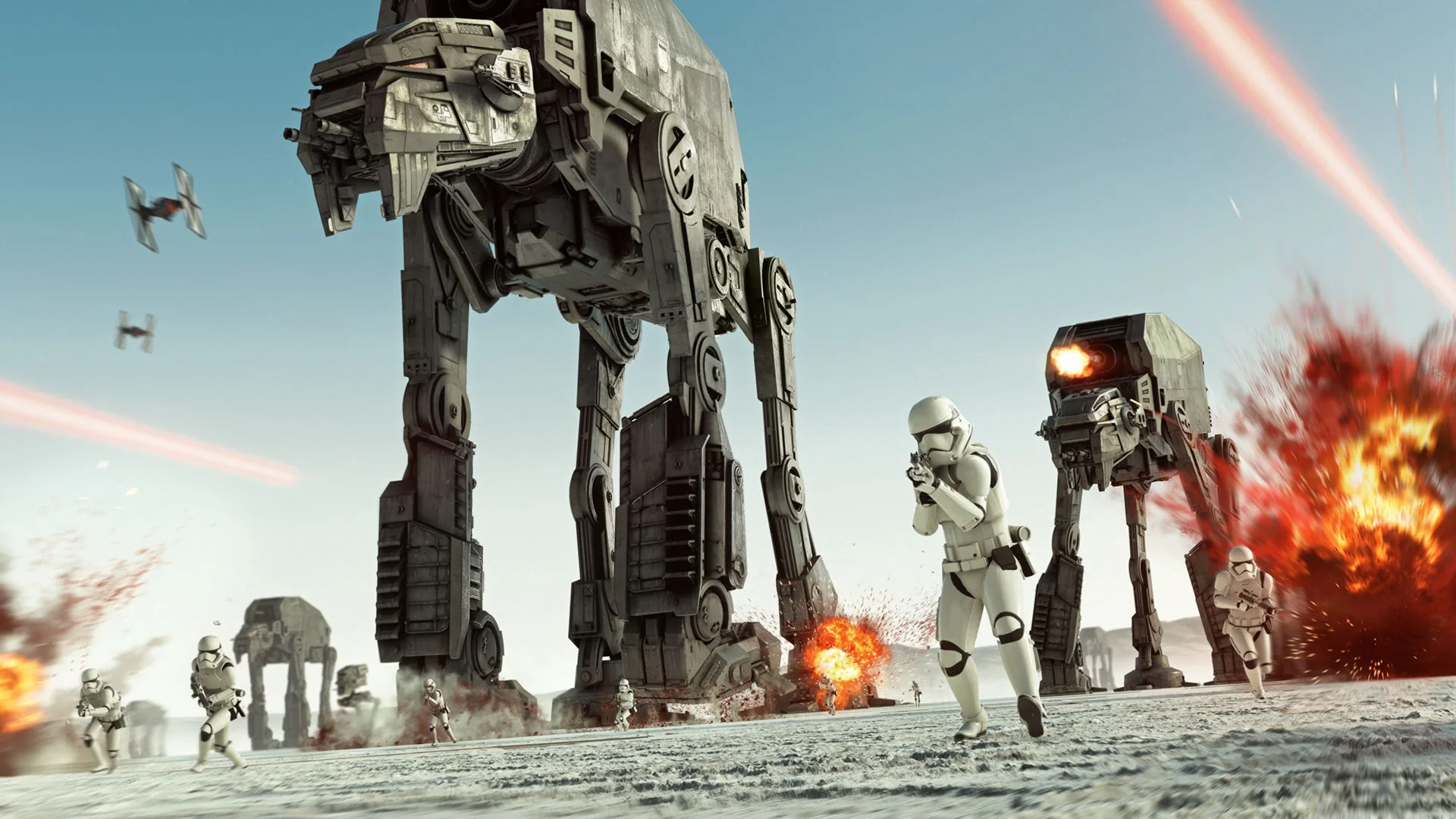 Штурмовики и шагоходы AT-AT сражаются на заснеженной планете, сцена из игры Star Wars Battlefront II.