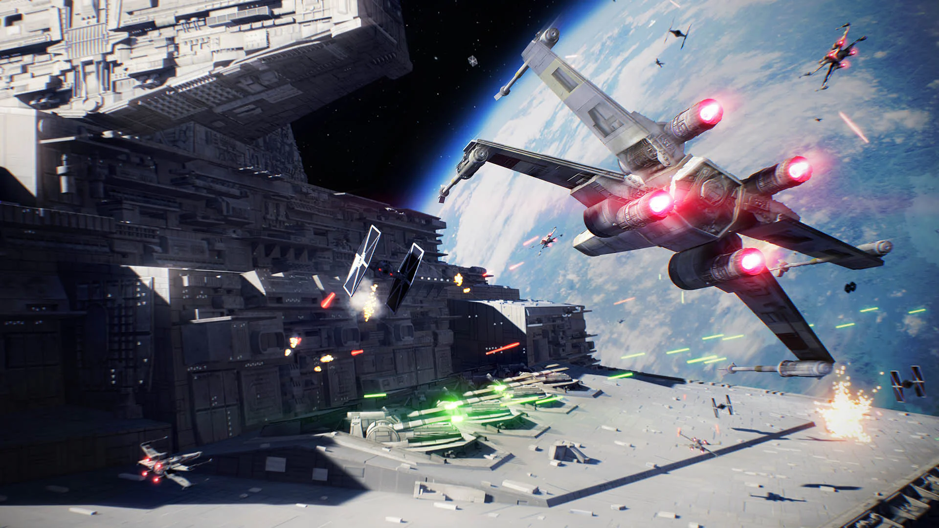 Космический бой между истребителями X-Wing и TIE на фоне гигантского космического корабля и планеты, сцена из игры Star Wars Battlefront II.