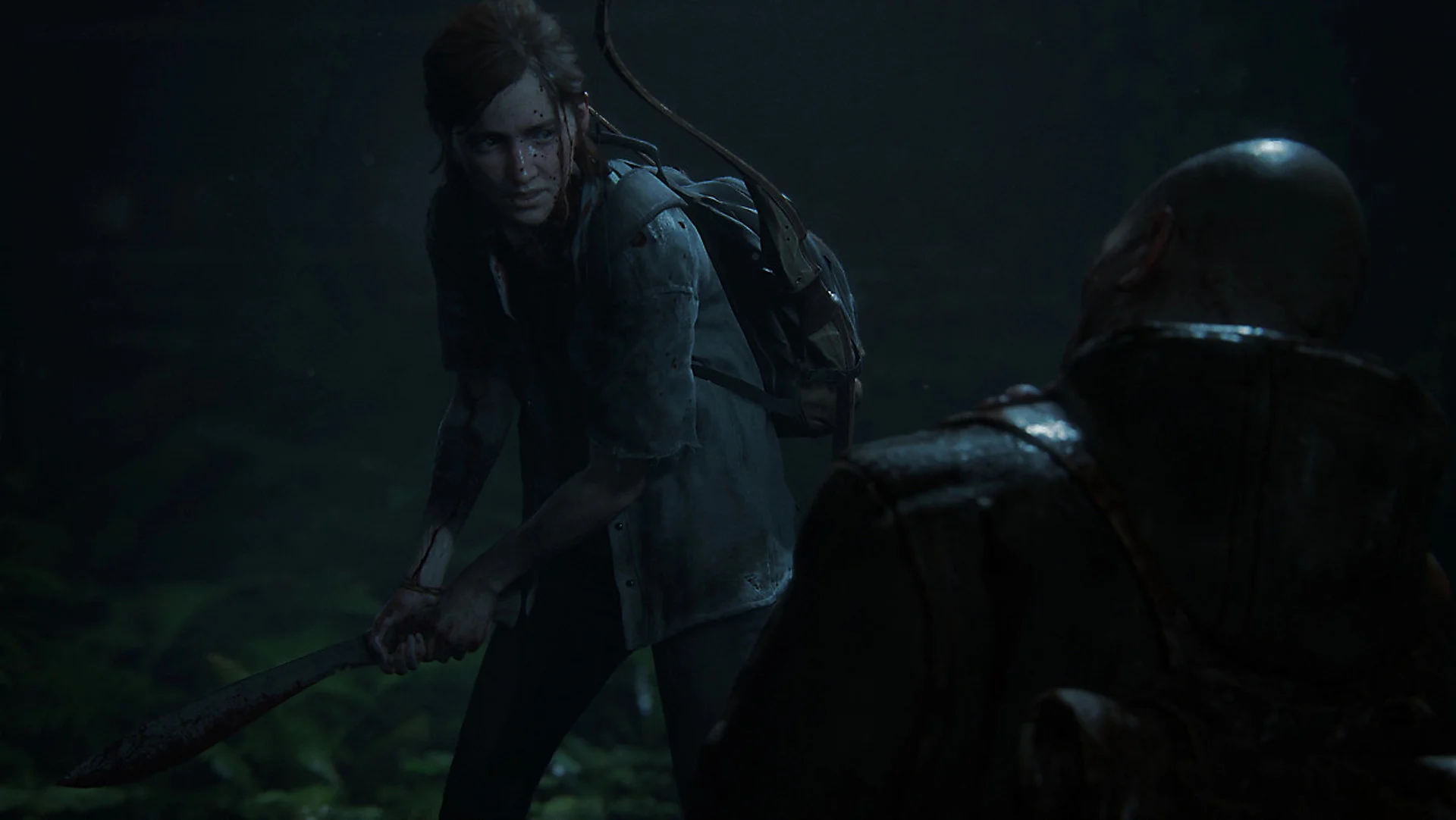 Элли из The Last of Us Part II стоит с мачете в руках, готовая к бою