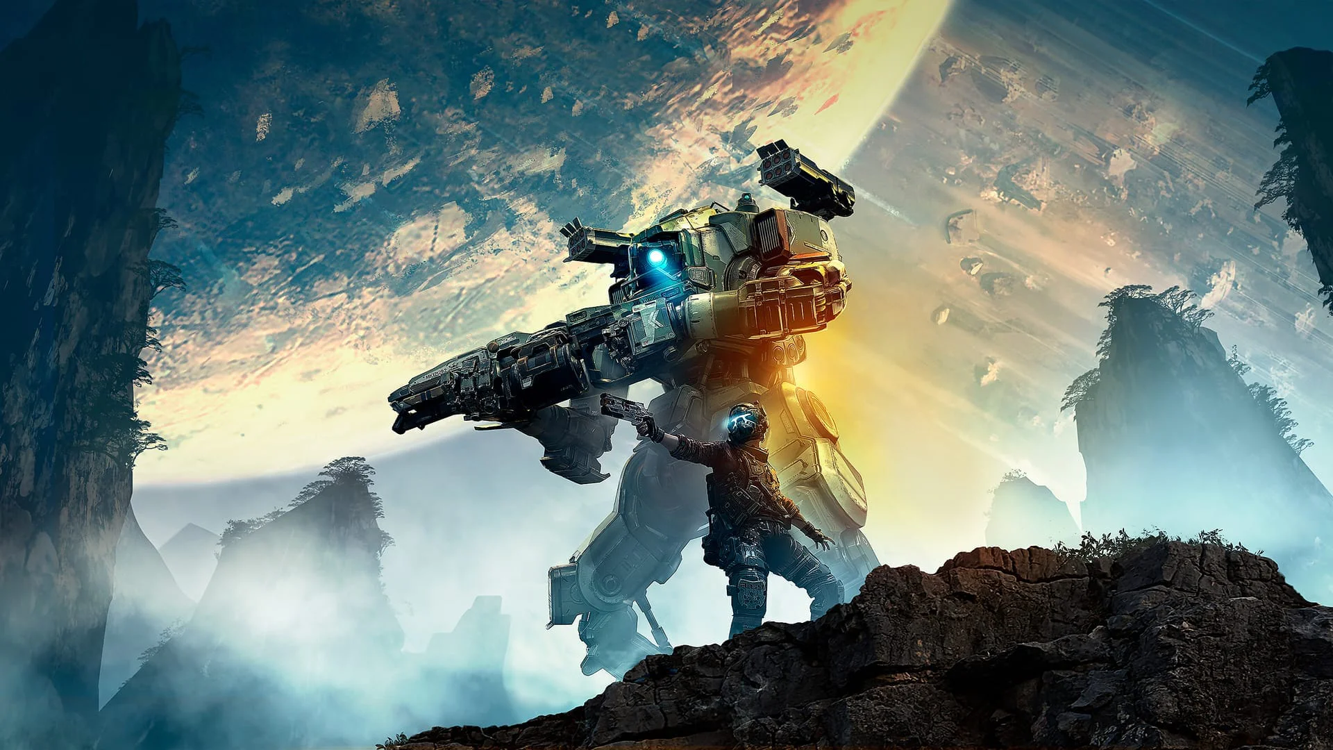 Пилот стоит перед огромным боевым роботом на инопланетном фоне в игре Titanfall 2.