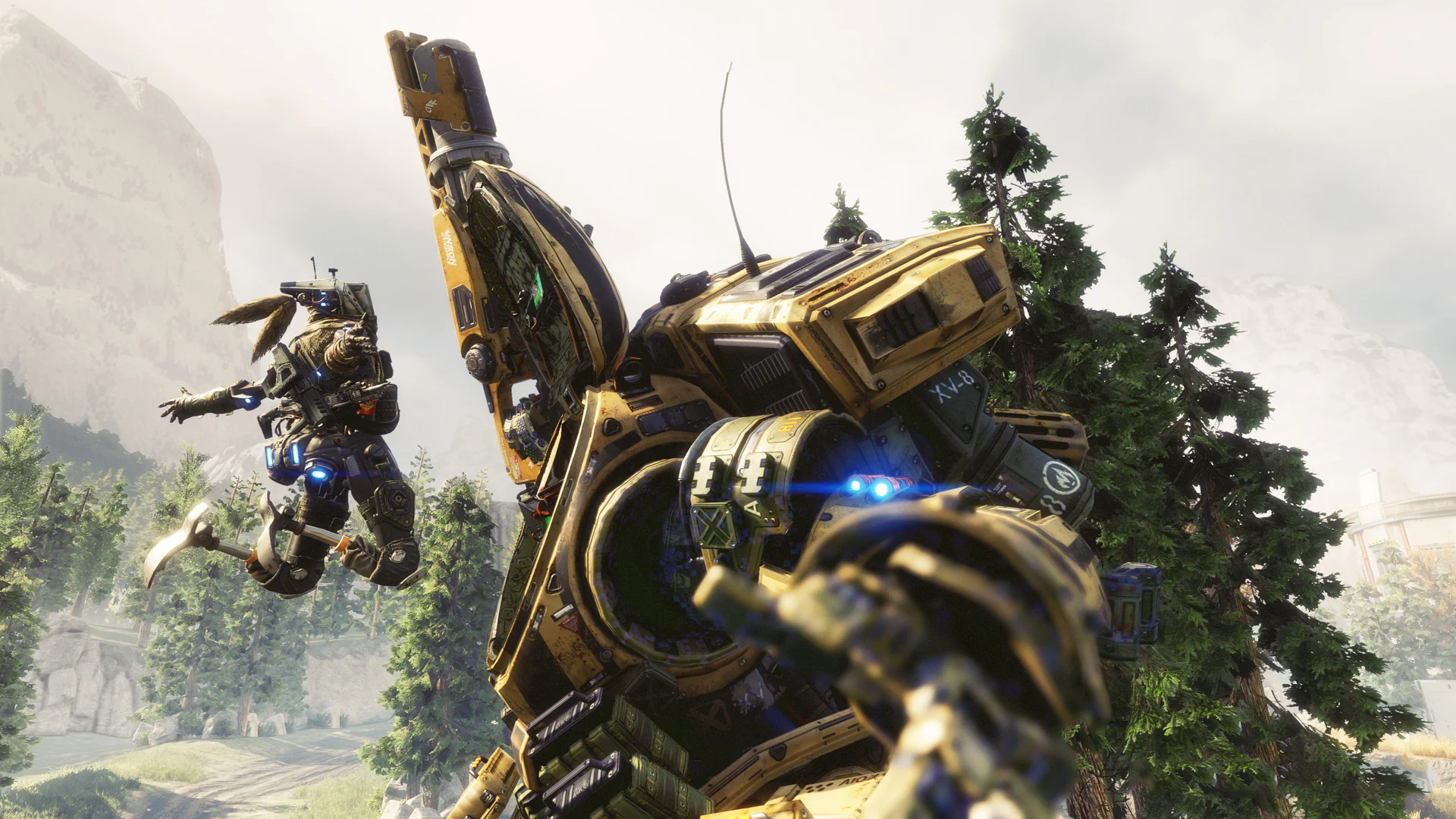 Боевой титан с пилотом, выпрыгивающим из него, в лесистой местности в игре Titanfall 2.