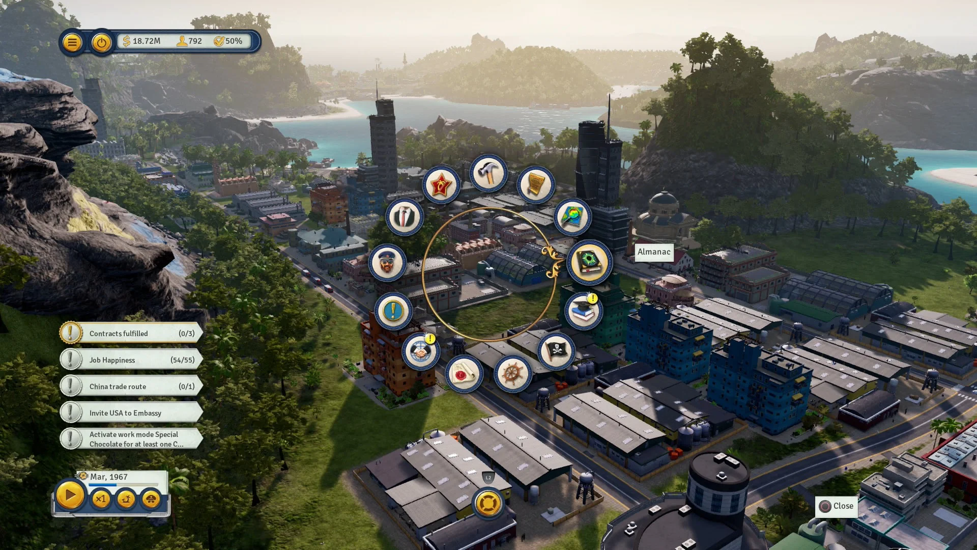 Меню управления и вид на город в игре Tropico 6 с различными параметрами и задачами.