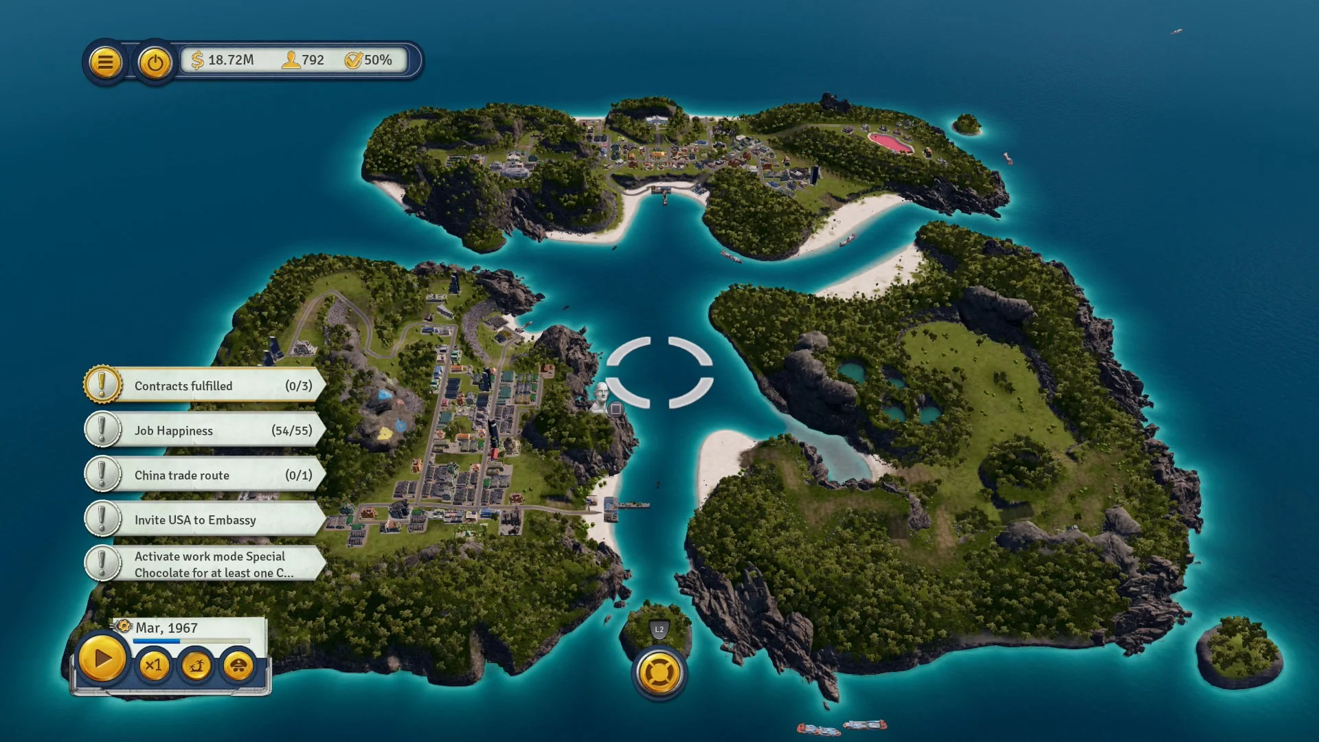 Вид на архипелаг островов с элементами управления и заданиями в игре Tropico 6.