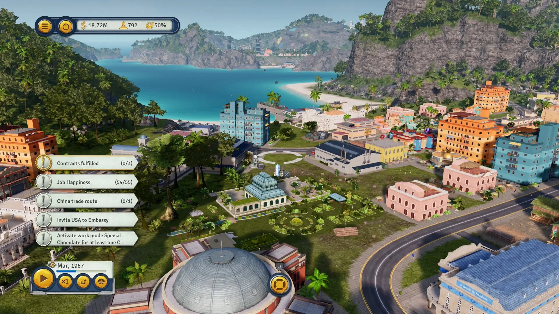 Вид на город и побережье с элементами управления и заданиями в игре Tropico 6.