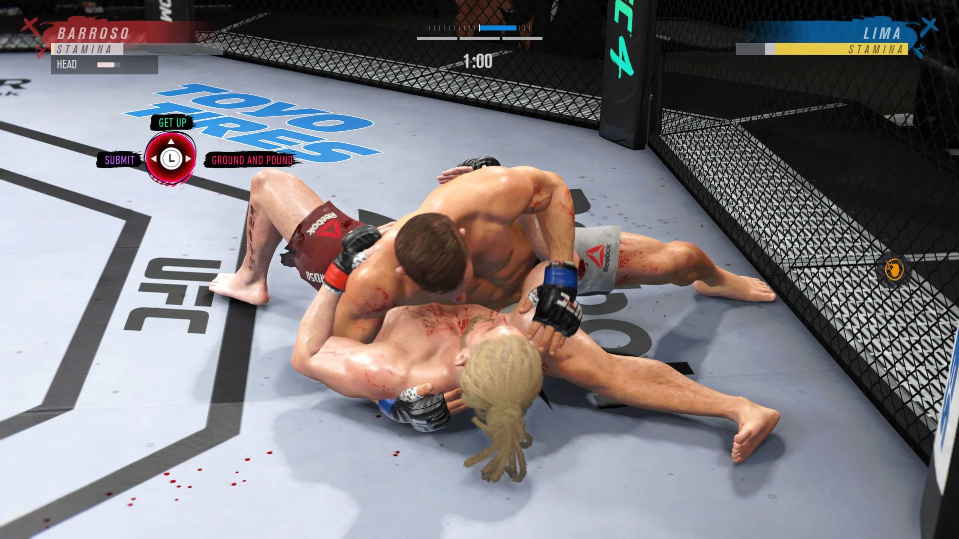 Бойцы в октагоне выполняют приемы борьбы на земле в игре EA SPORTS™ UFC 4.