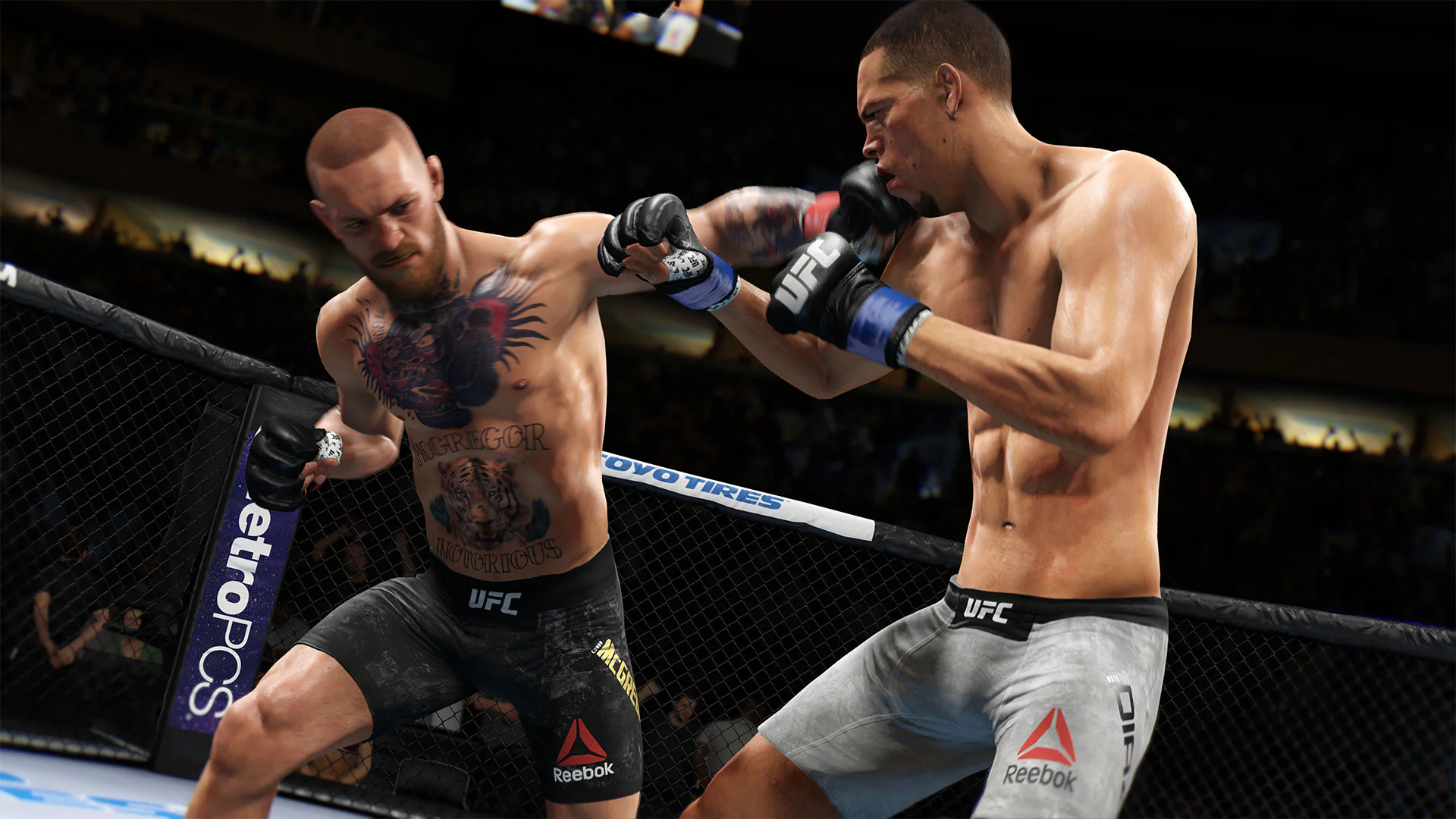 Два бойца в октагоне обмениваются ударами в игре UFC 4.