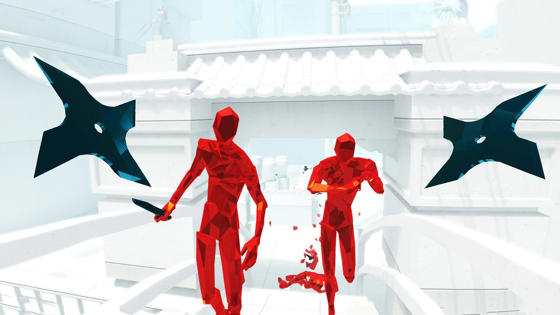 Скриншот из игры SUPERHOT, где главный герой бросает сюрикены в красных врагов