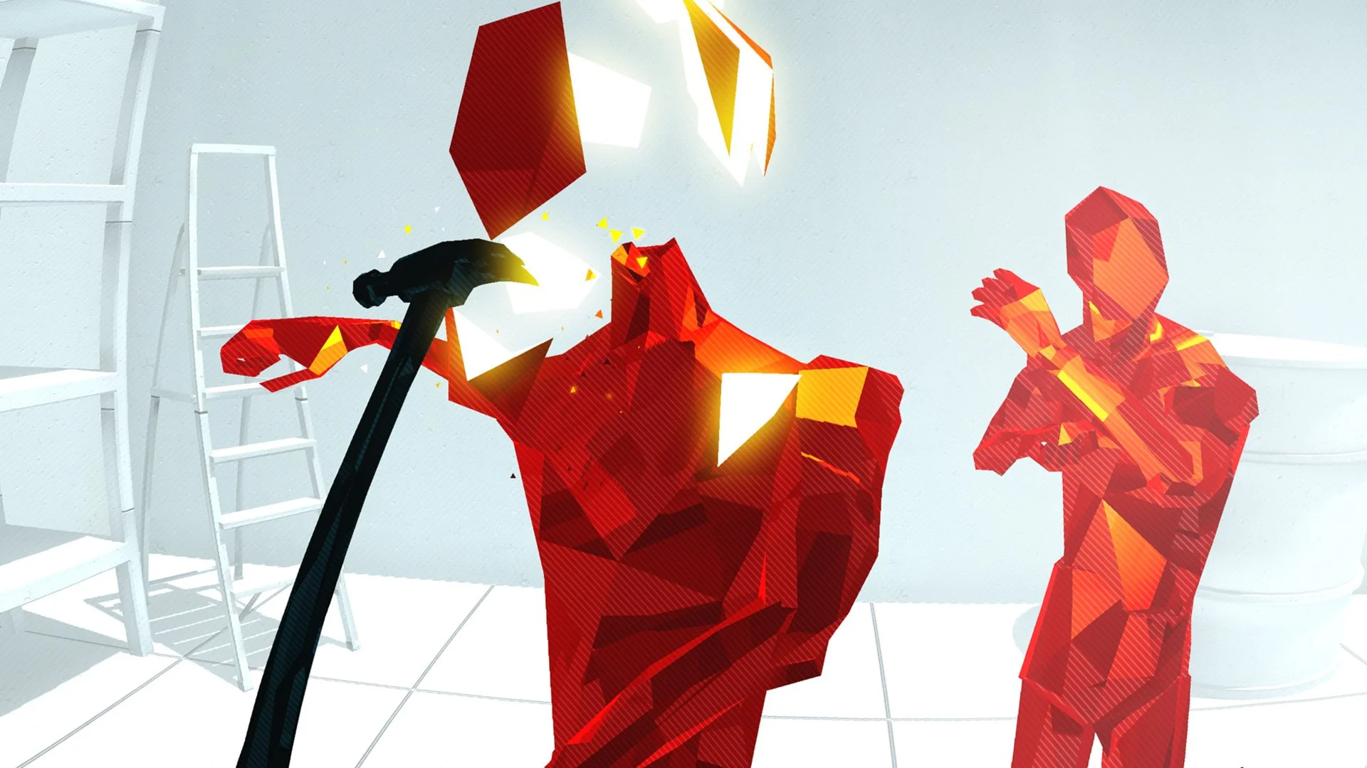 Игровая сцена из SuperHOT, красные полигональные враги, игрок с оружием