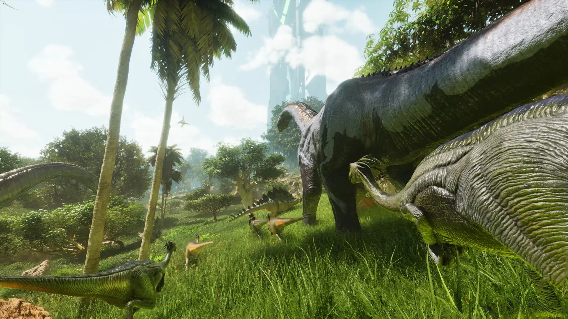 Динозавры, мирно пасущиеся в густом лесу в игре "ARK: Survival Ascended".