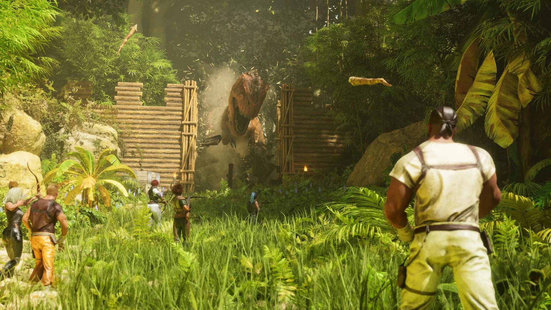 Группа выживших в игре "ARK: Survival Ascended" противостоит атакующему тираннозавру в джунглях.