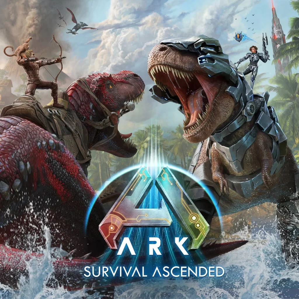 Битвы в ARK: Survival Ascended для Sony PlayStation” Два динозавра в снаряжении сражаются под управлением игроков в игре "ARK: Survival Ascended".