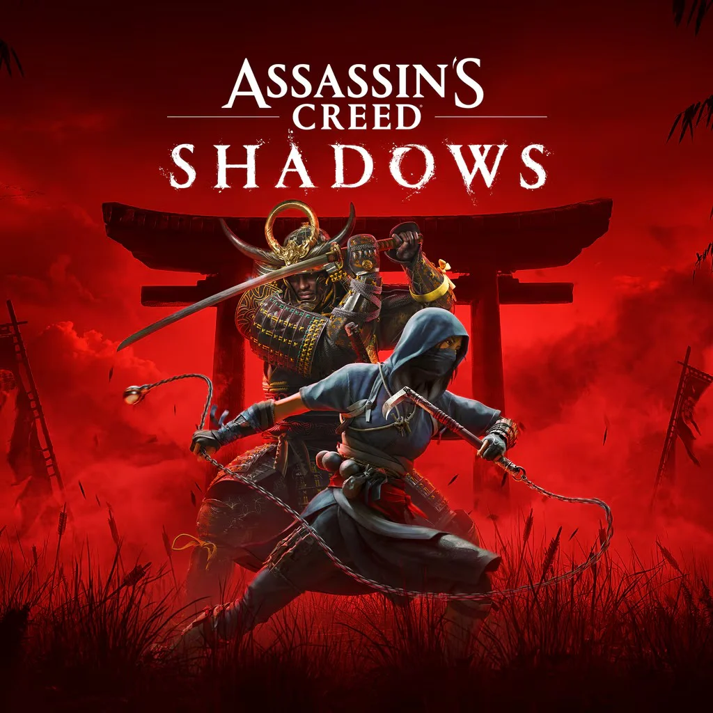 Assassin’s Creed Shadows для Sony PlayStation Обложка игры "Assassin's Creed Shadows" с изображением двух персонажей в боевых стойках на фоне японского храма.