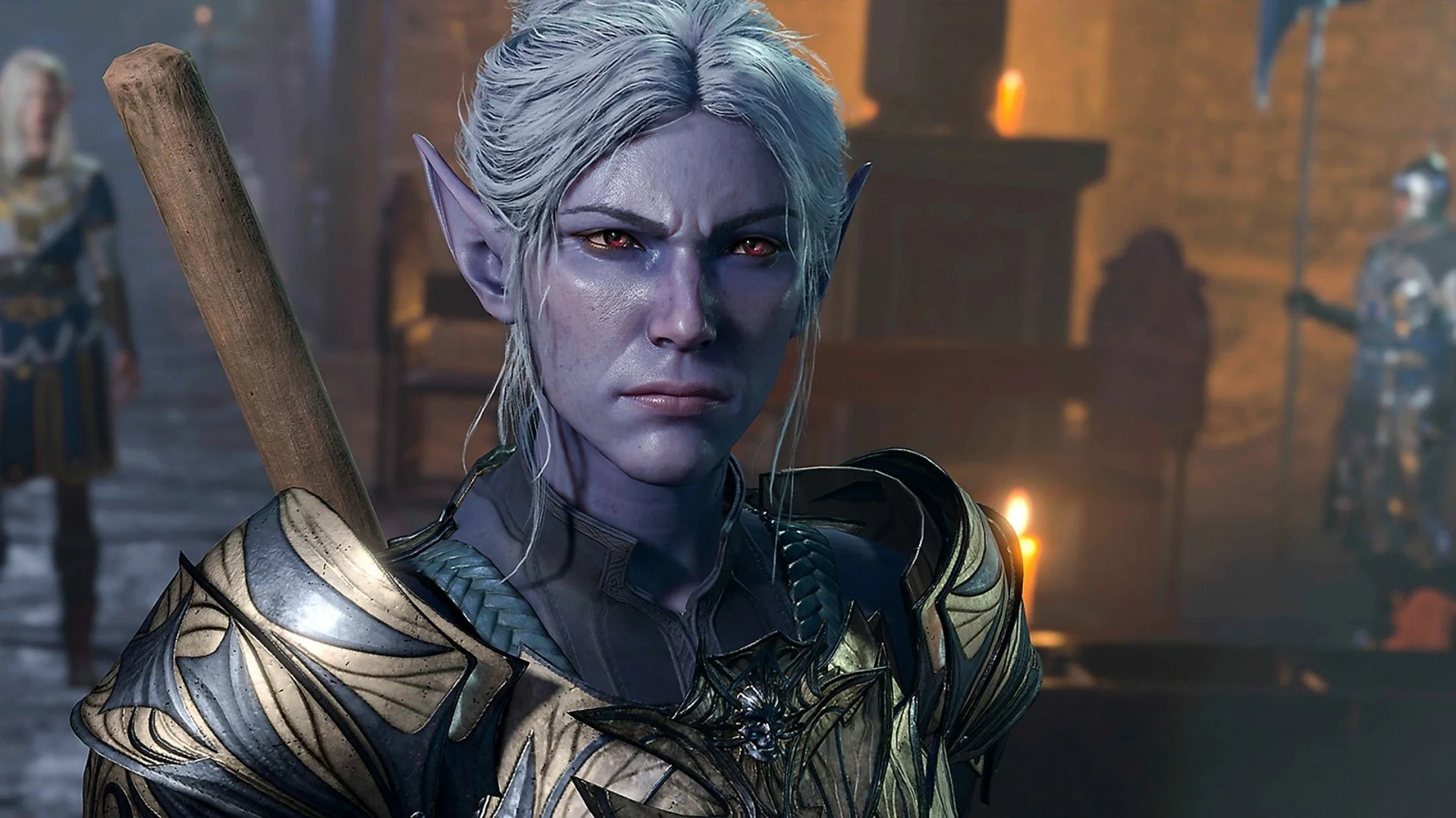 Темный эльф в доспехах из игры "Baldur’s Gate 3" с решительным выражением лица.