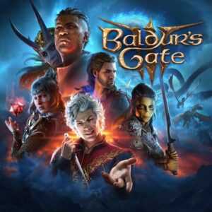 Обложка игры "Baldur’s Gate 3" с изображением различных персонажей на фоне фэнтезийного мира.