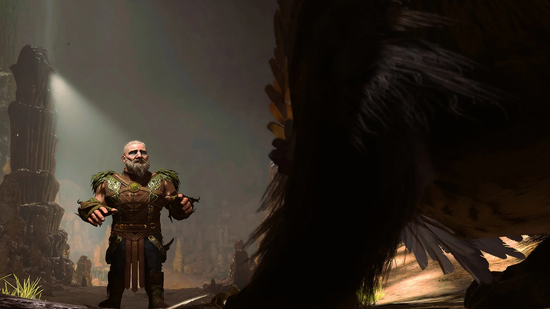 Персонаж из игры "Baldur’s Gate 3" в подземелье, освещенном лучами света.