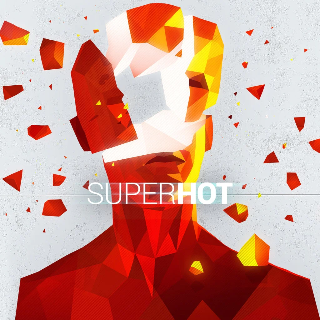 Обложка игры SUPERHOT с красным полигональным персонажем и разбивающимся головой