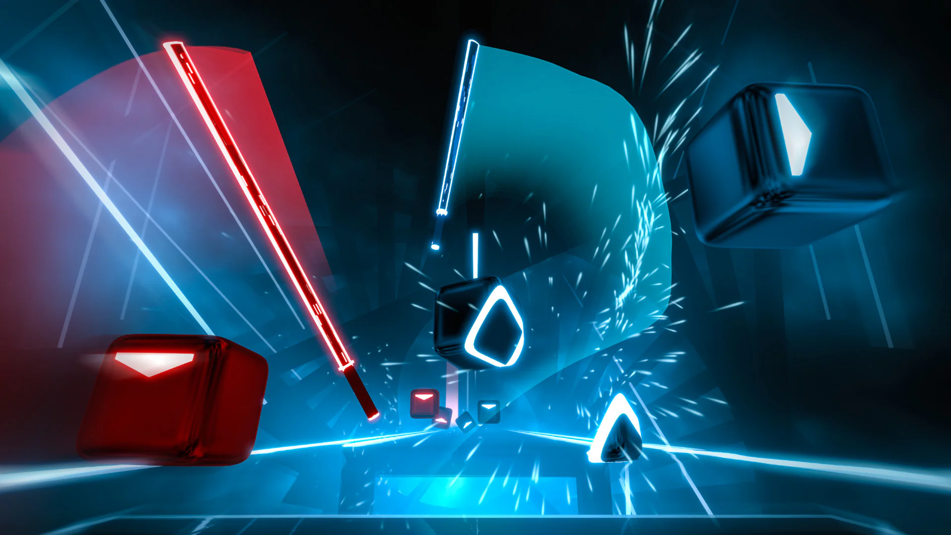 Геймплей Beat Saber с красными и синими блоками, световыми мечами, виртуальная реальность