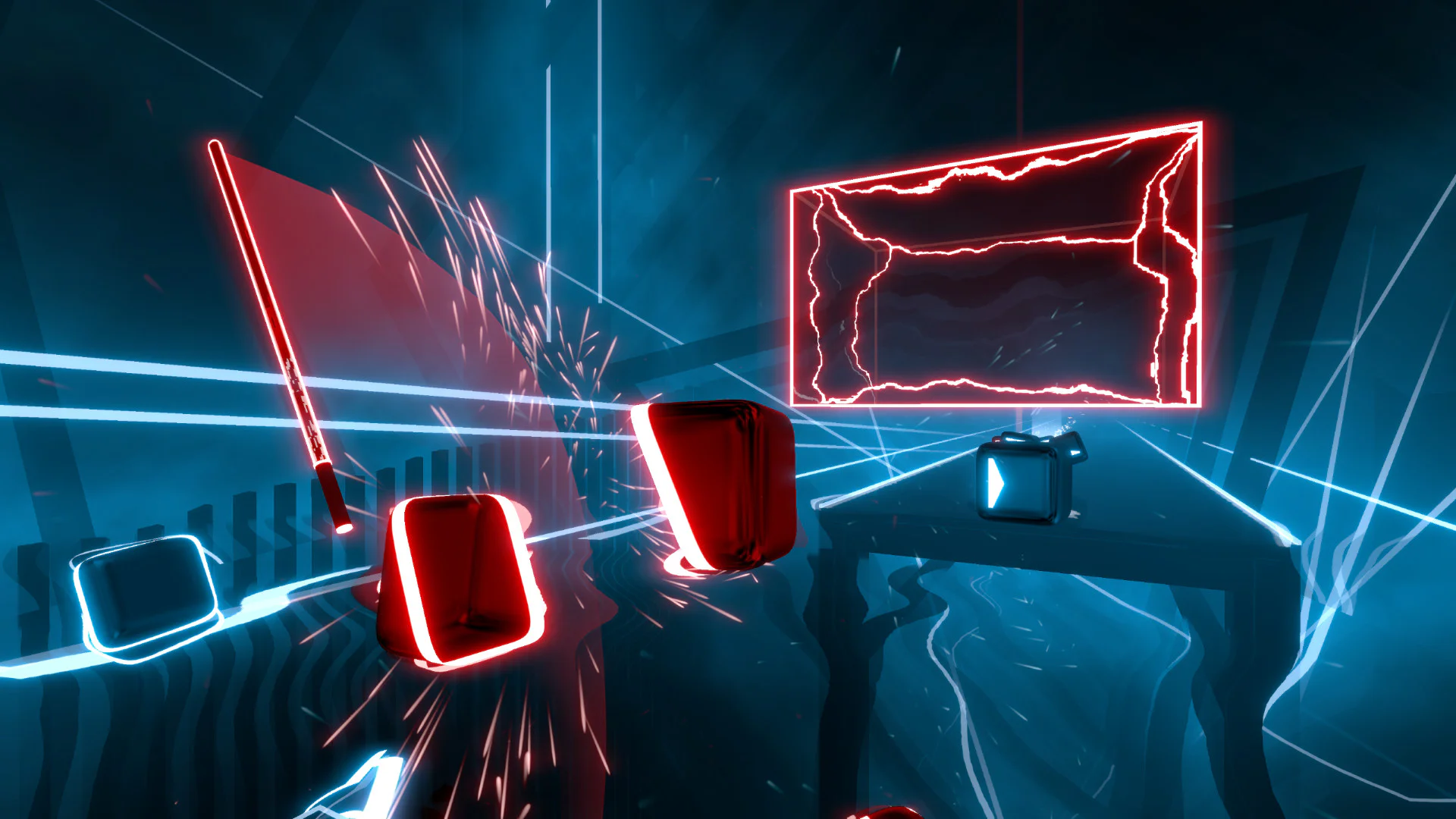 Beat Saber геймплей с красными и синими блоками и лазерными мечами.