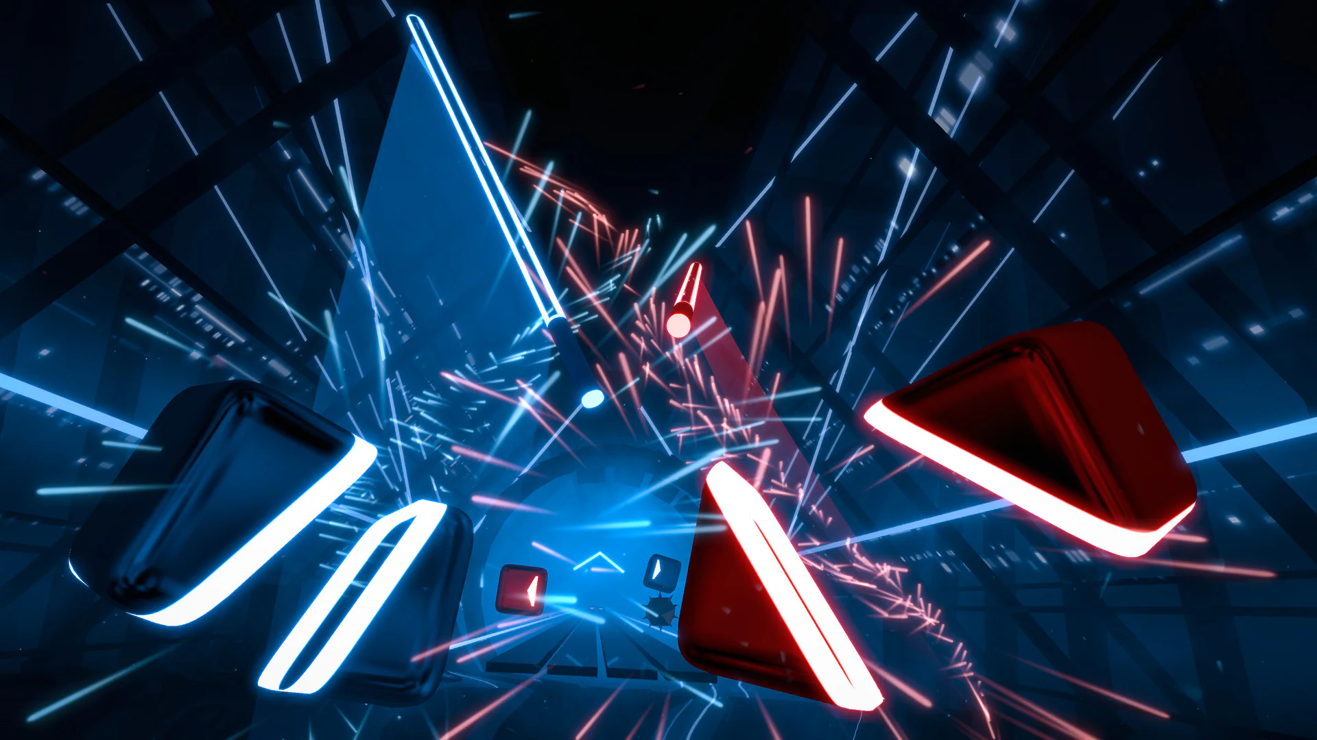 Геймплей Beat Saber с разноцветными блоками и лазерными эффектами.
